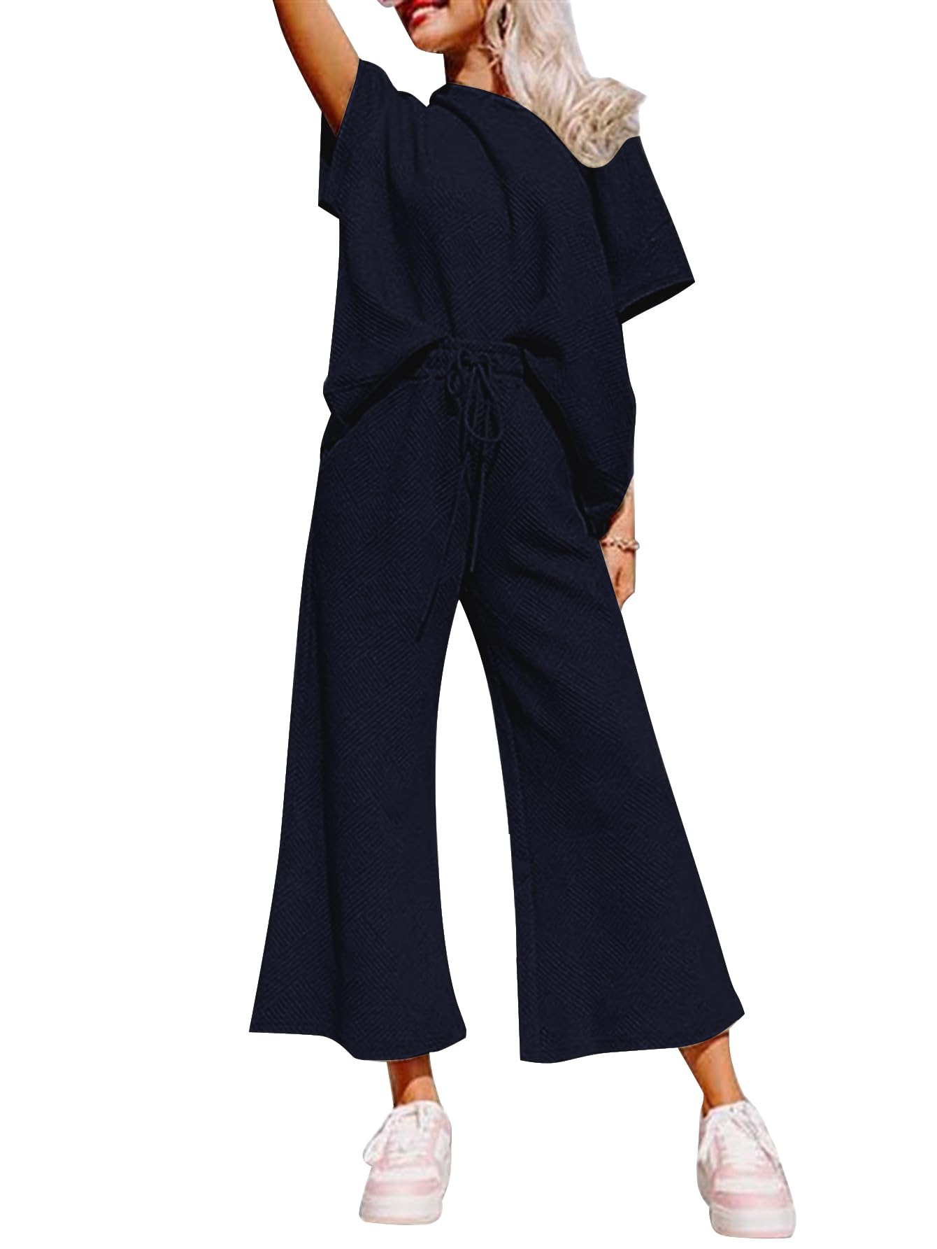 YKR Women's 2-Piece Lounge Set - Soft Knit Short Sleeve Pullover Top & Wide Leg Pants | Summer Comfort Outfit 2024 | Perfect for Home Relaxation, Yoga & Casual Wear