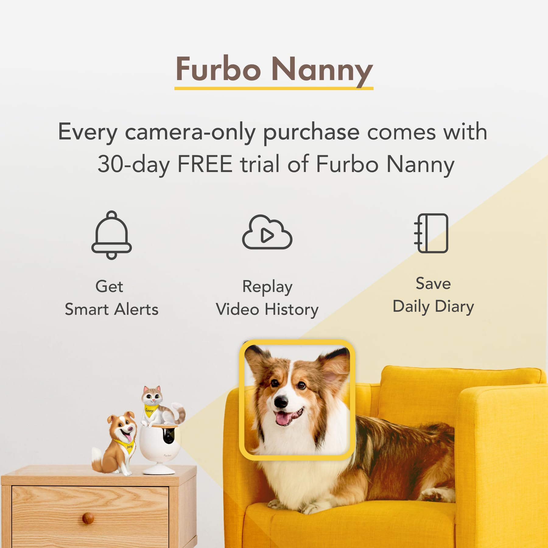 Furbo Mini Pet Camera - Smart Home Security Camera for Dogs & Cats with Barking Alerts, 2-Way Audio, Night Vision & Phone App (No Subscription) - Perfect for Monitoring Pets at Home or Office