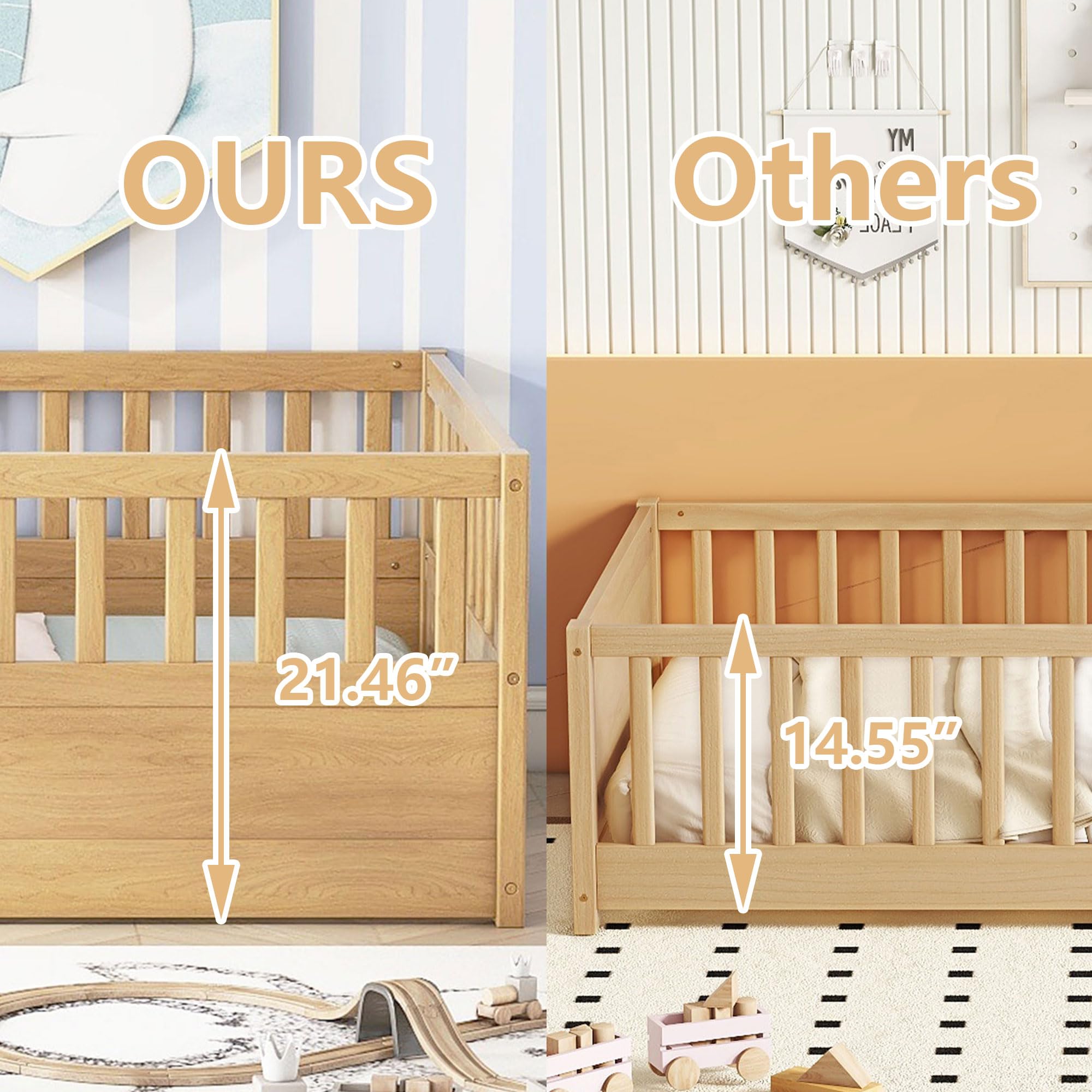 Montessori Twin Floor Bed for Kids - Wooden Low Bed with High Safety Fence & Door - Natural Wood Toddler Bed for Boys & Girls - Perfect for Bedroom, Playroom & Montessori Learning Spaces