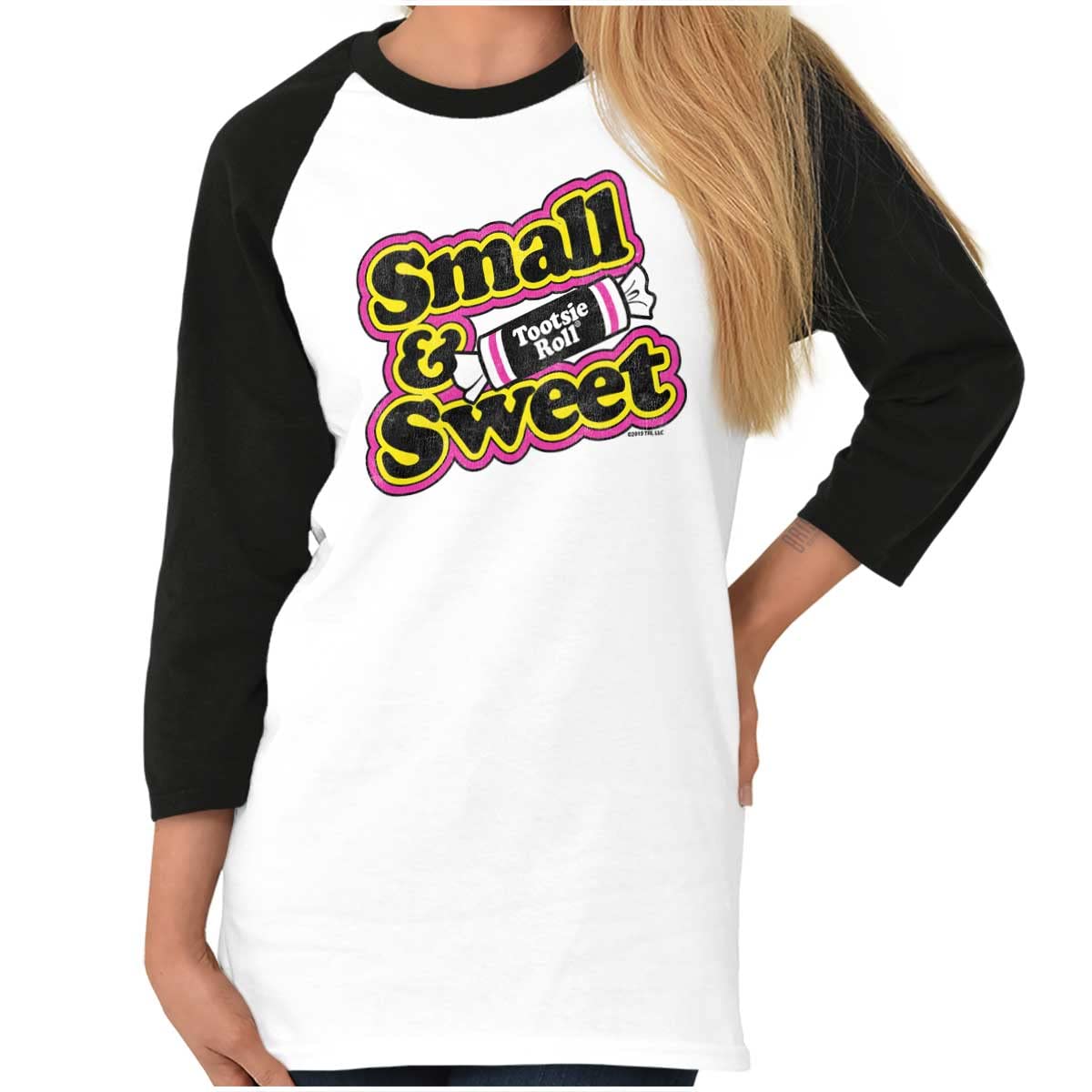 Vintage Candy Print Tootsie Roll Raglan Tee - Women's Retro Sweet Treat Graphic T-Shirt for Casual Wear & Nostalgic Fashion Lovers