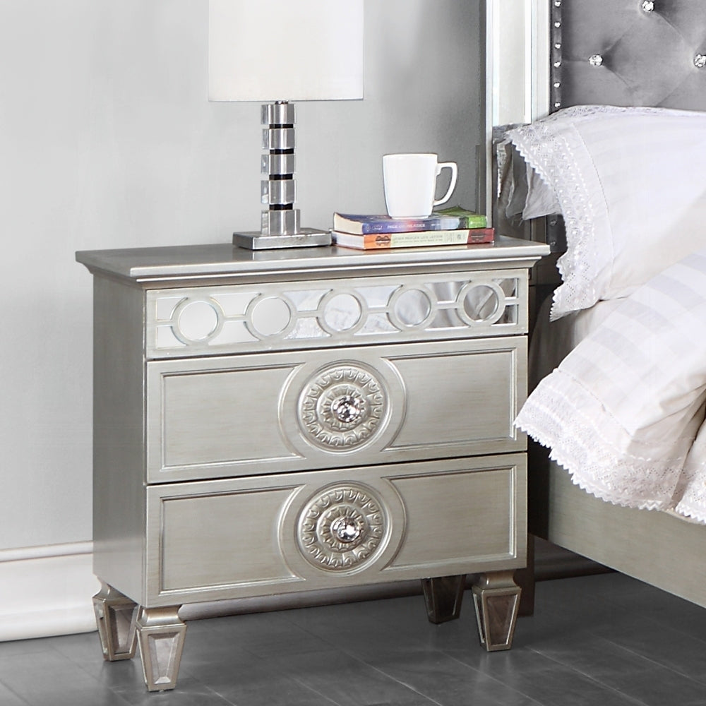 Silver Finish 2-Drawer Nightstand with Mirror Inlay - Bedside Table for Bedroom, Guest Room & Small Spaces
