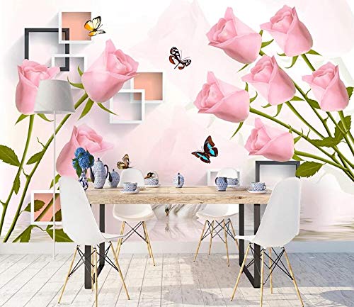 3D Pink Rose Wallpaper Decal - Self-Adhesive Vinyl Wall Mural (82