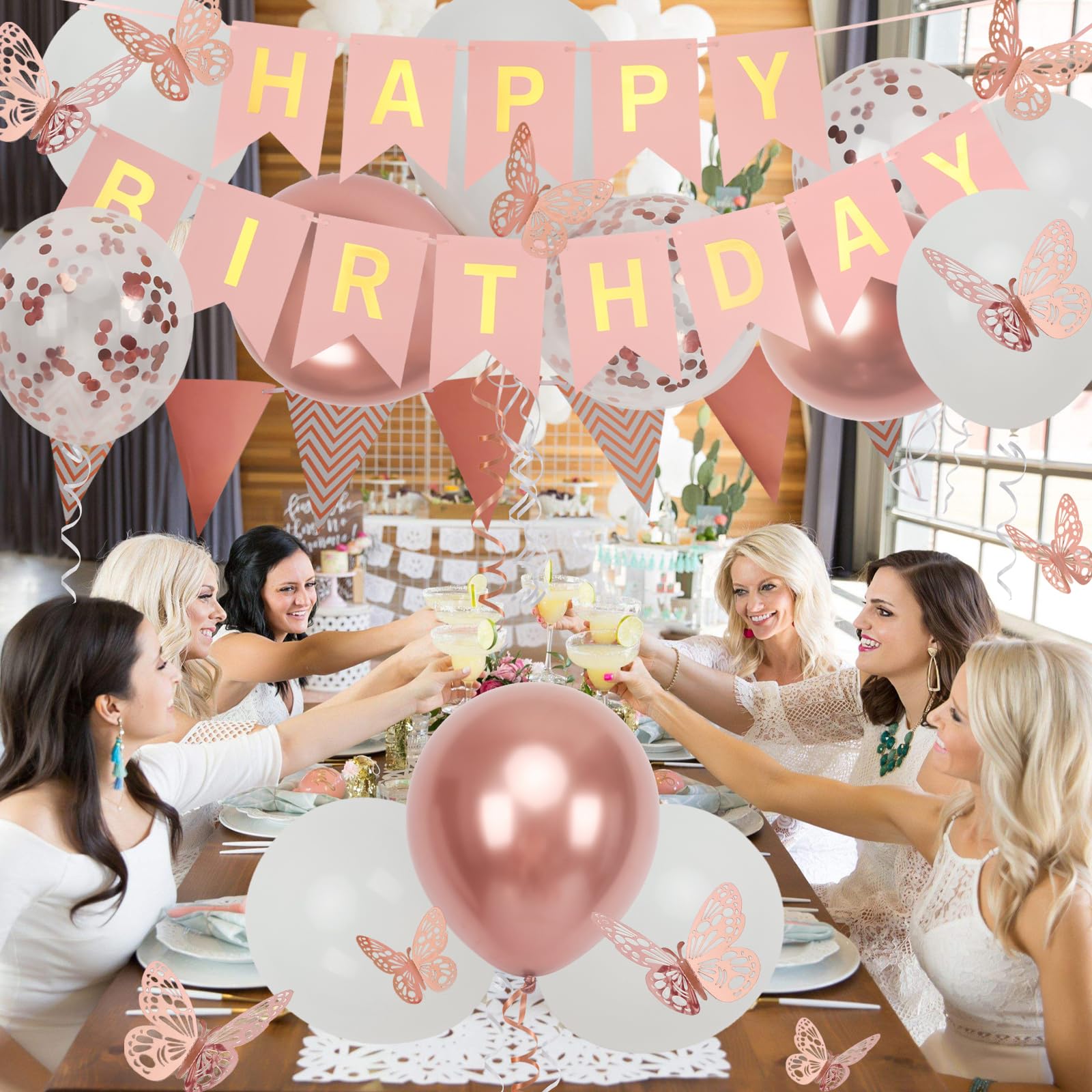 Rose Gold Birthday Decorations for Women - Happy Birthday Banner with Balloons, Pennant Flags & Butterfly Decor - Perfect for Girls' Parties, Baby Showers & Bridal Showers