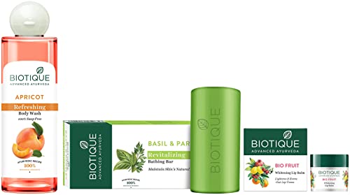 Biotique Apricot Refreshing Body Wash 200ml, Bio Fruit Whitening Lip Balm 12g & Basil Parsley Revitalizing Body Soap 150g - Natural Skincare Set for Daily Hydration, Brightening & Refreshment - Perfect for Shower, Travel & Self-Care Routine