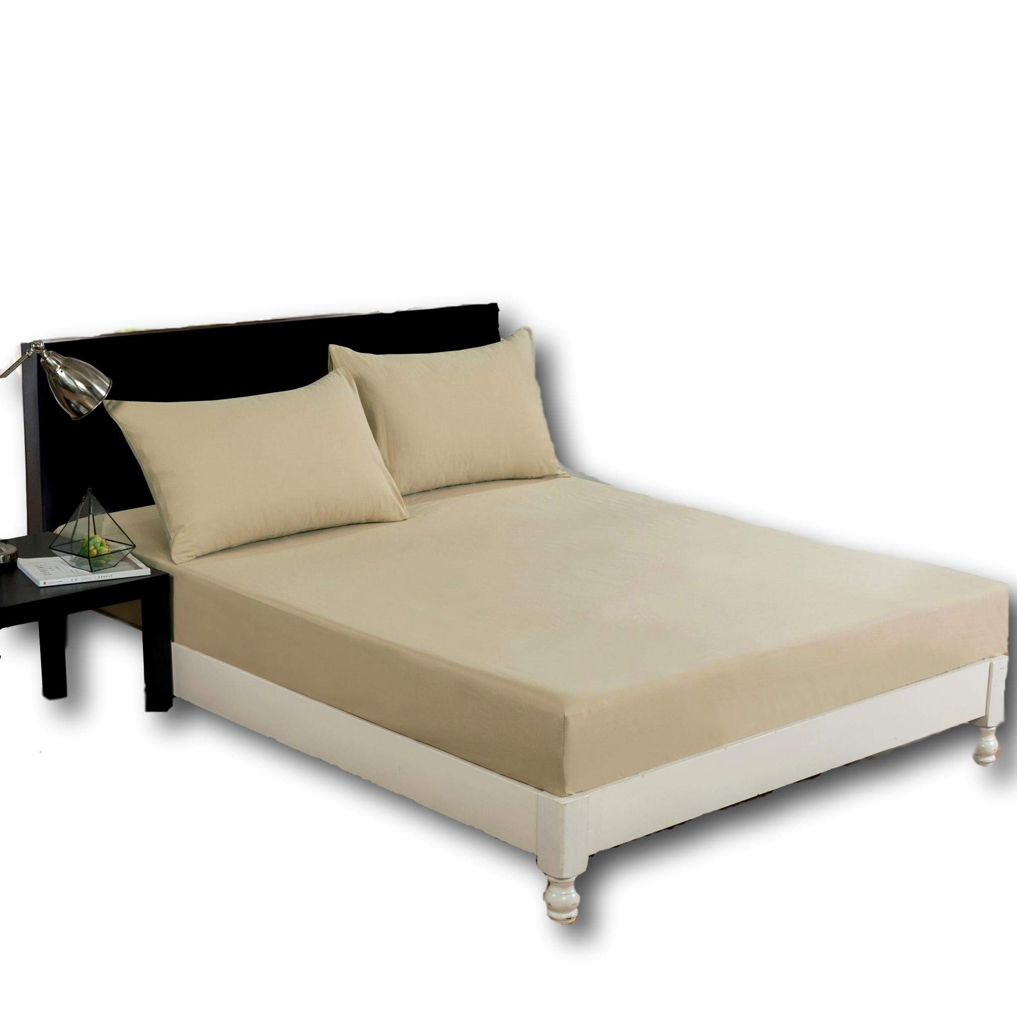 Luxury Soft Cotton Fitted Sheet with Pillow Cases - Neutral Solid Sandy Beige Tan - Twin Size - 2-Piece Bedding Set for Cozy Sleep & Guest Room Comfort