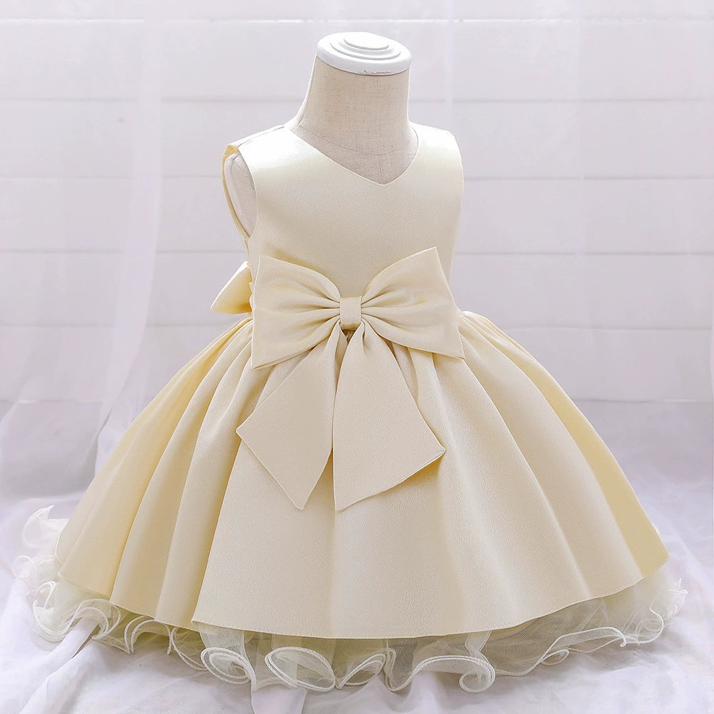 Champagne Princess Round Tea Length Satin Flower Girl Dress for Weddings, Bridal Showers & Special Occasions