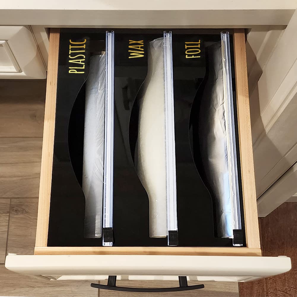 OnDisplay Luxe Acrylic 3-in-1 Plastic Wrap, Wax Paper & Aluminum Foil Dispenser - Wall Mountable or Drawer Organizer (Black) - Perfect for Kitchen Countertop, Pantry & Food Storage Organization