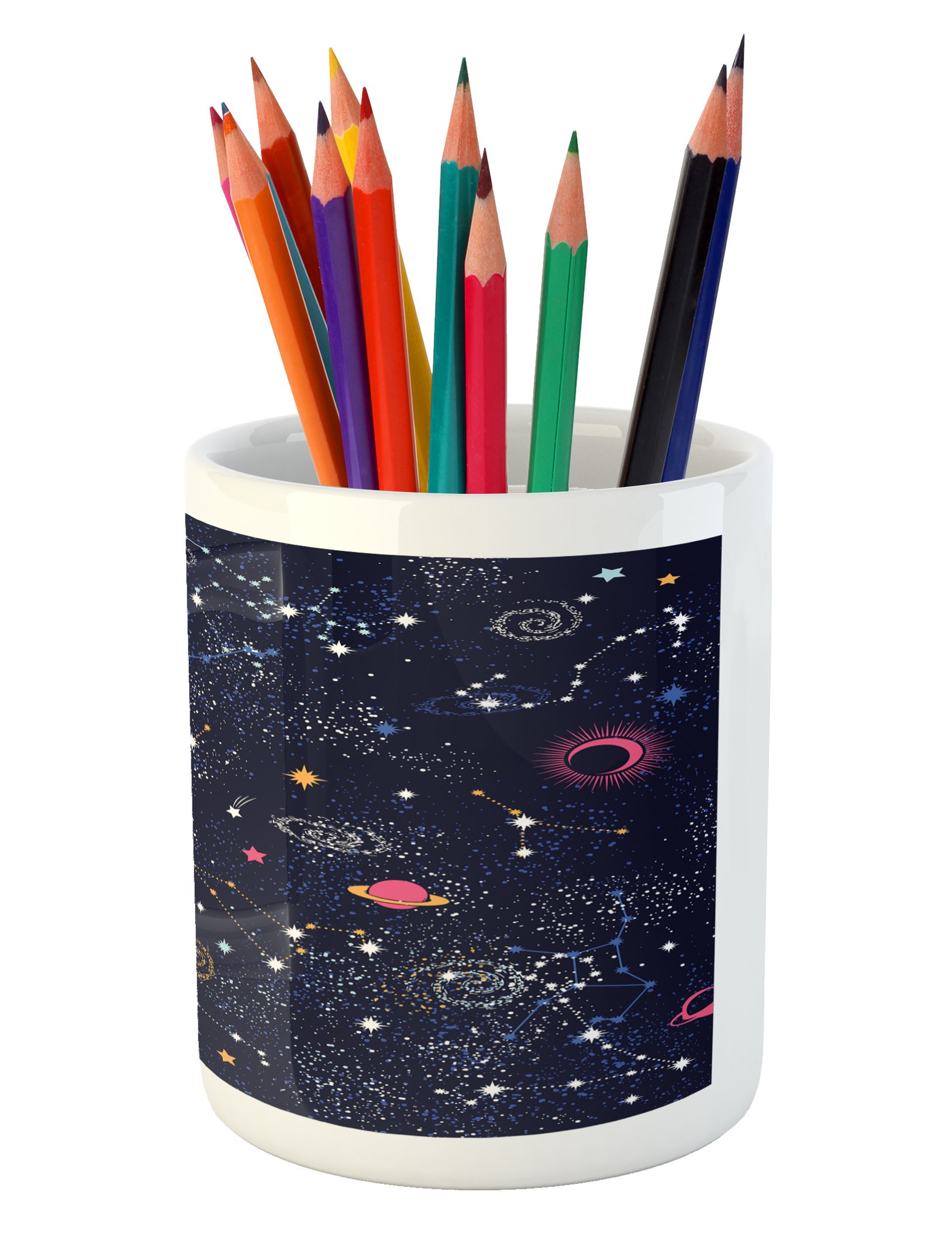 Lunarable Constellation Ceramic Pen Holder - Star Clusters, Galaxies & Planets Astrology Design | Desk Organizer for Office & Home | Perfect Gift for Astronomy Lovers & Stationery Enthusiasts