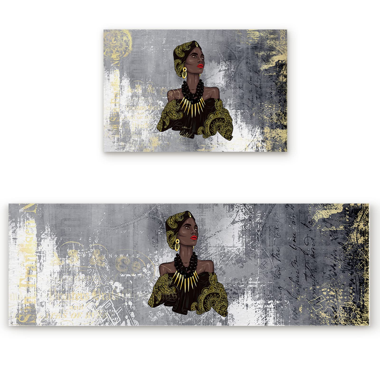 2-Pack Modern Art Non-Slip Kitchen Mats - Absorbent Anti-Fatigue Floor Rugs for Sink & Bathroom (19.7x23.6in + 19.7x47.2in) - Black Girl with Golden Pigment Design - Perfect for Cooking, Dishwashing & Home Decor