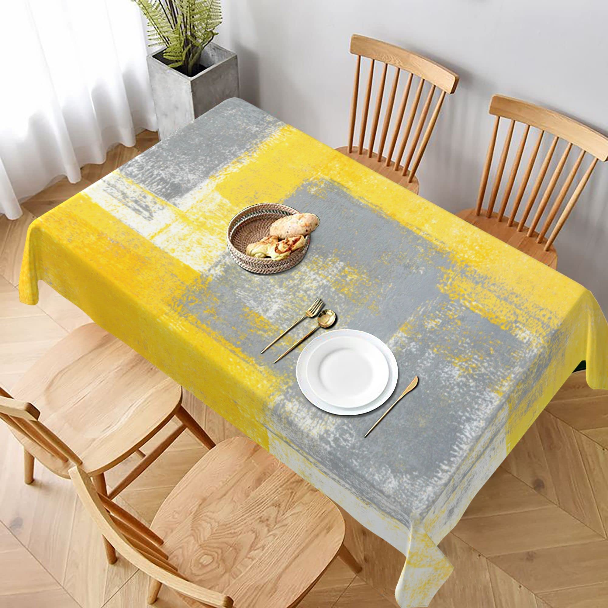 Yellow and Gray Abstract Washable Tablecloth 60x90 Inch - Durable Kitchen Dining Room Table Cover for Home Decor, Parties, and Outdoor Events
