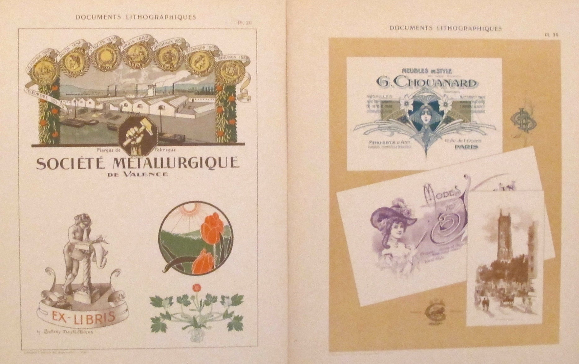 Antique 1900s Belle Epoque Design Sheets - Original Lithographic Plates #20 & #36 - Vintage French Art Nouveau Documents for Home Decor & Framing