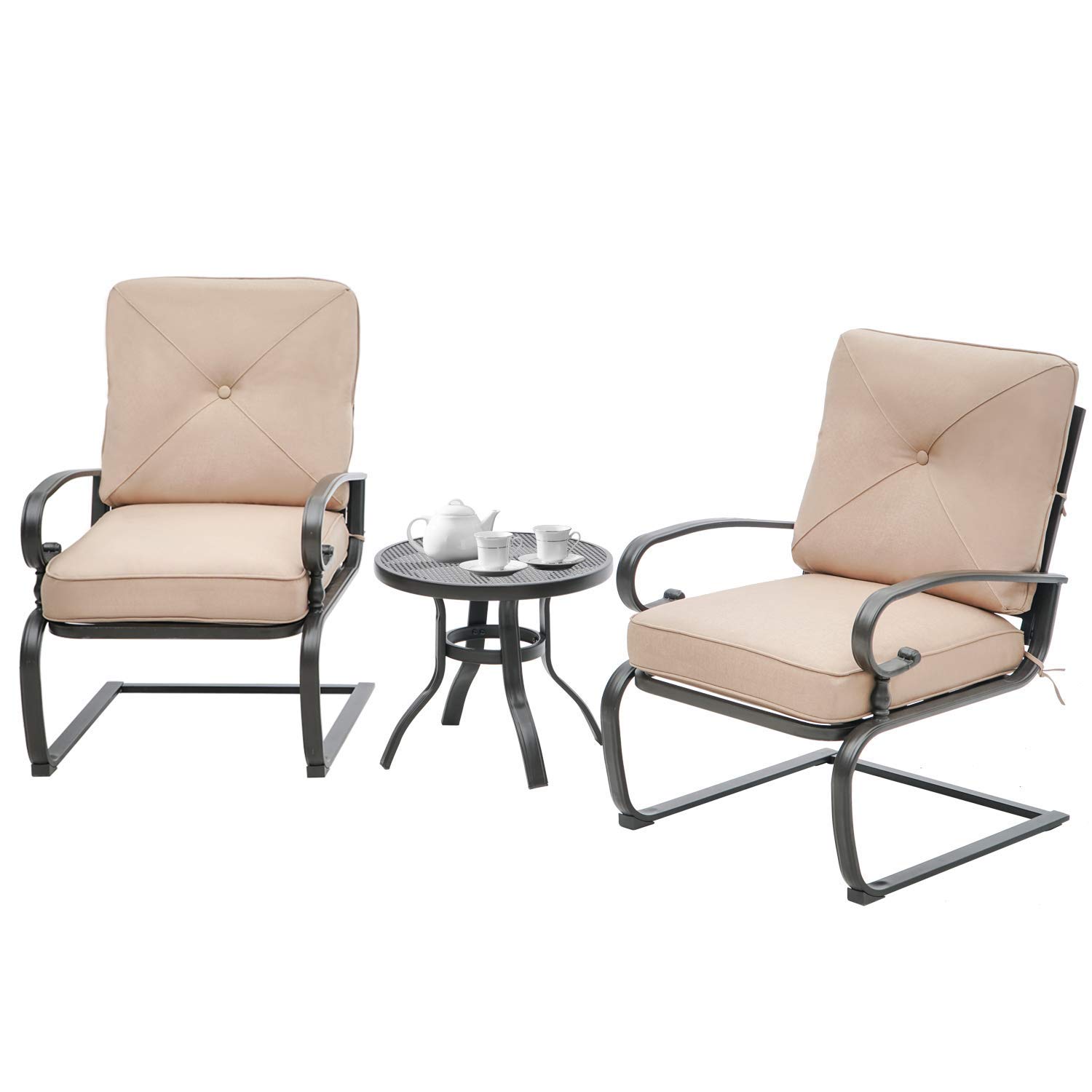 SOLAURA 3-Piece Outdoor Patio Furniture Set - Iron Frame Bistro Chairs with Cushions & Side Coffee Table, Brown - Perfect for Garden, Backyard, and Poolside Relaxation