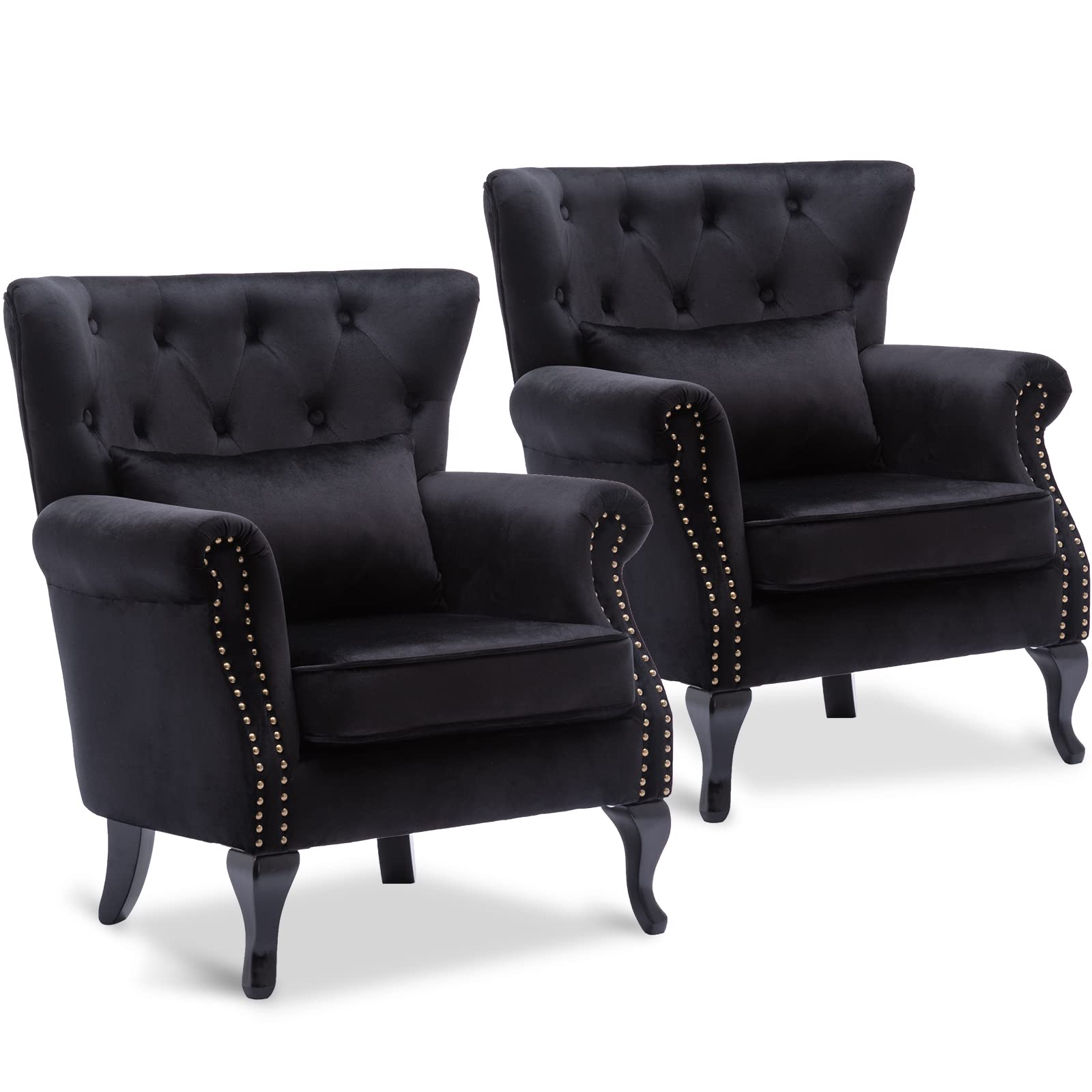 Midcentury Modern Accent Reading Arm Chairs Set of 2 - Velvet Black Wingback Club Chairs with Button Tufted Back & Lumbar Pillow for Living Room, Bedroom or Office Waiting Area - Perfect for Reading Nooks, Lounge Spaces and Cozy Corners