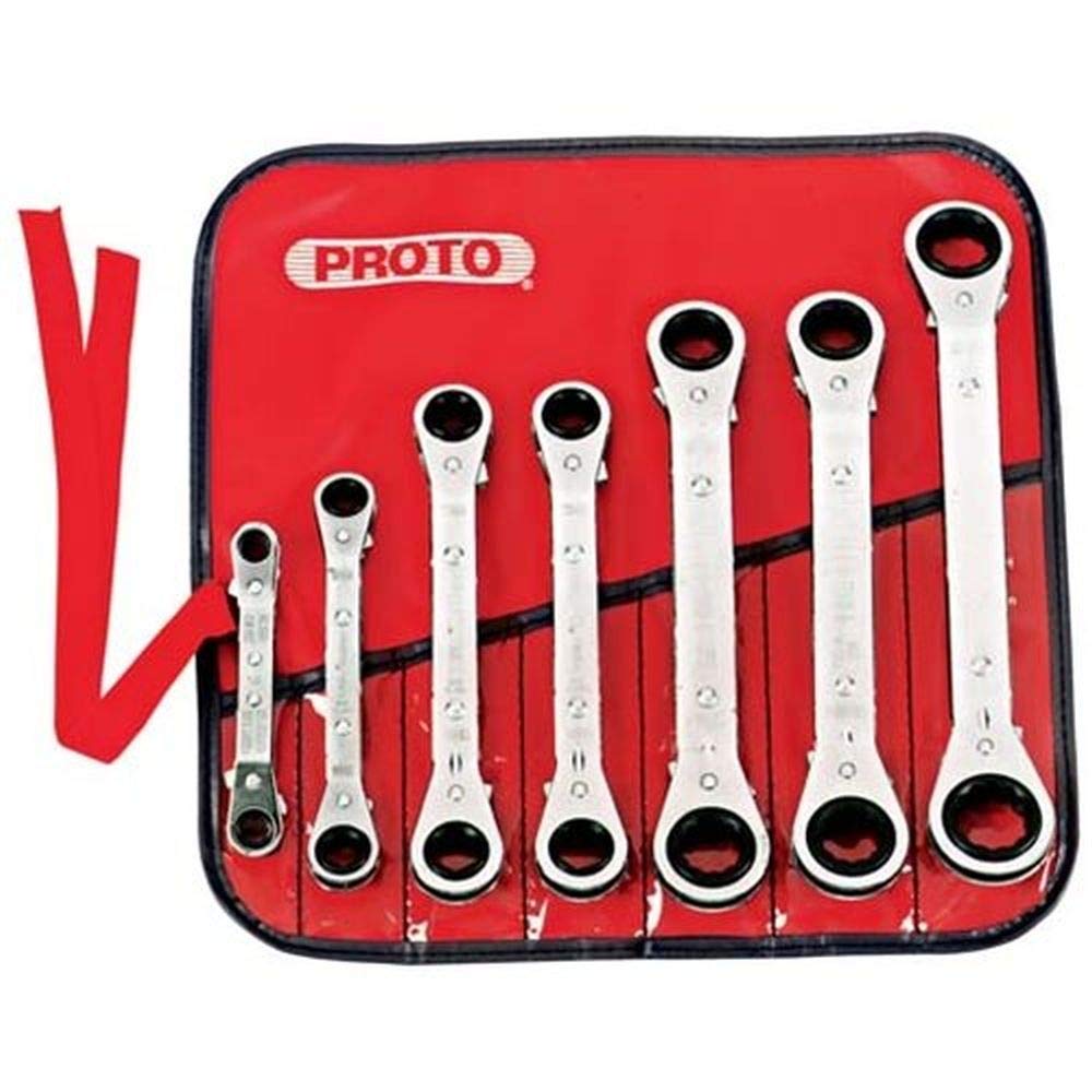 Proto Stanley J1180MA 7-Piece Offset Ratcheting Box Wrench Set - Professional Mechanics Tool Kit for Tight Spaces, Automotive & DIY Repairs