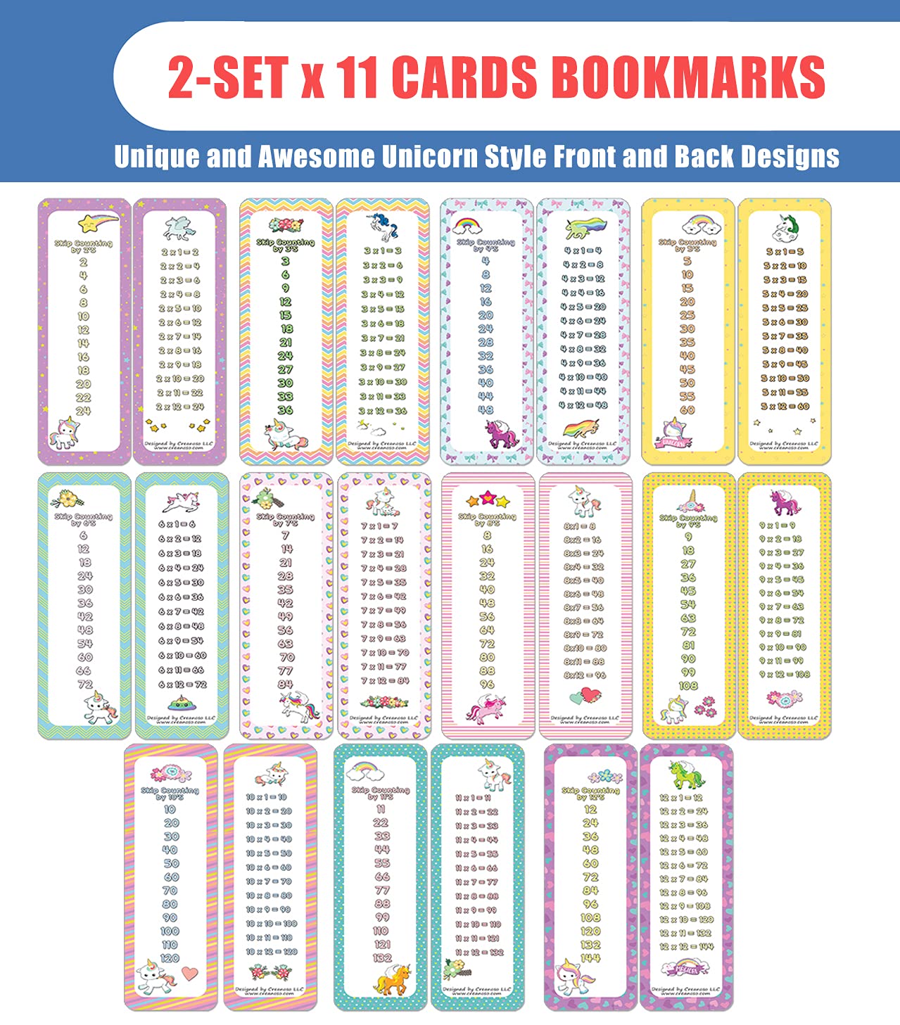 Creanoso Skip Counting Chart Bookmark Cards - Cute Unicorn Theme (2 Sets of 11 Cards) - Homeschool Math Learning Tools for Kids - Perfect for Classroom, Home Study & Gift Giving