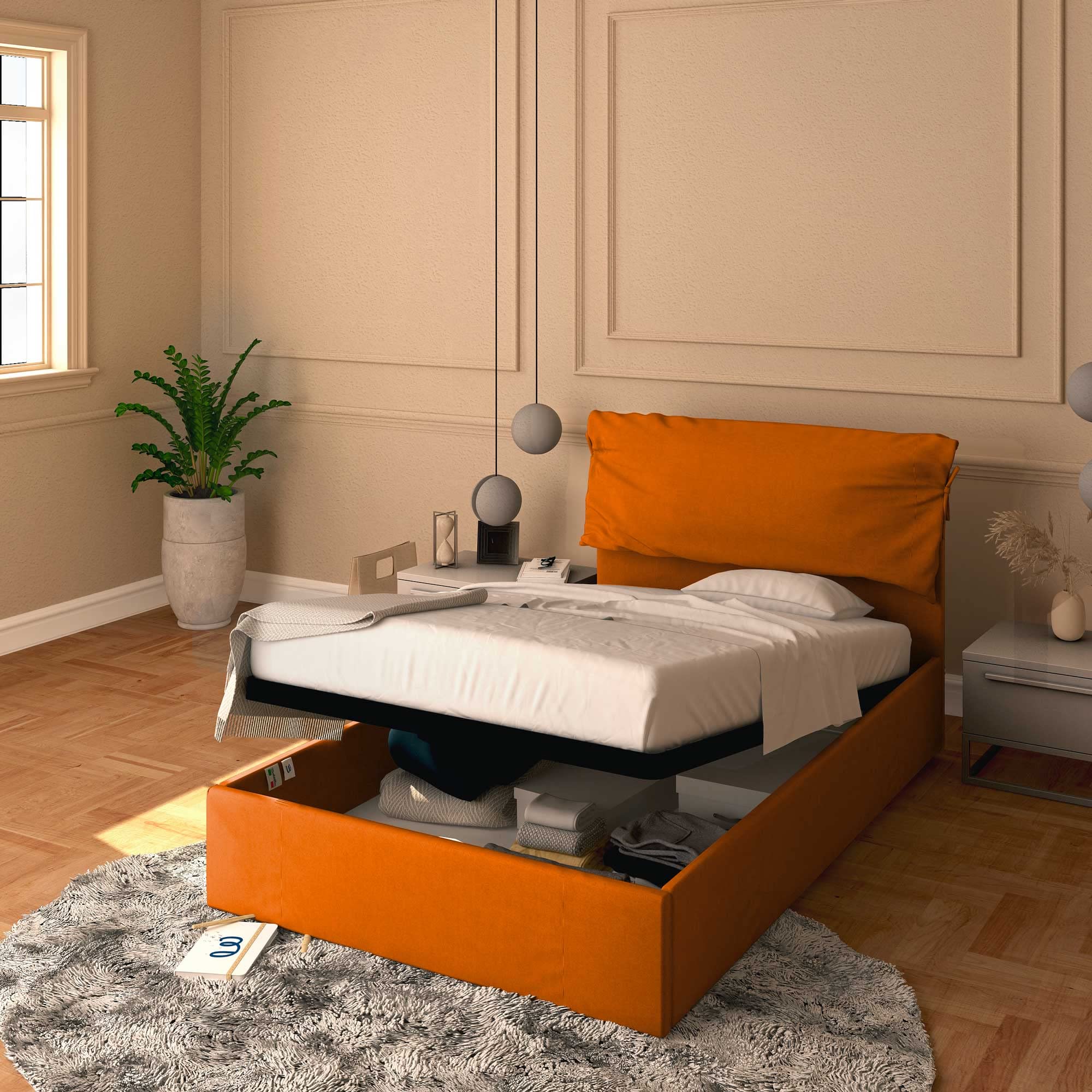 Baldiflex Single Bed with Storage - Licia Soft Synthetic Leather, Slatted Base for Single Mattress, 120 x 190 cm, Padded Headboard, Orange - Perfect for Small Bedrooms, Guest Rooms & Studio Apartments