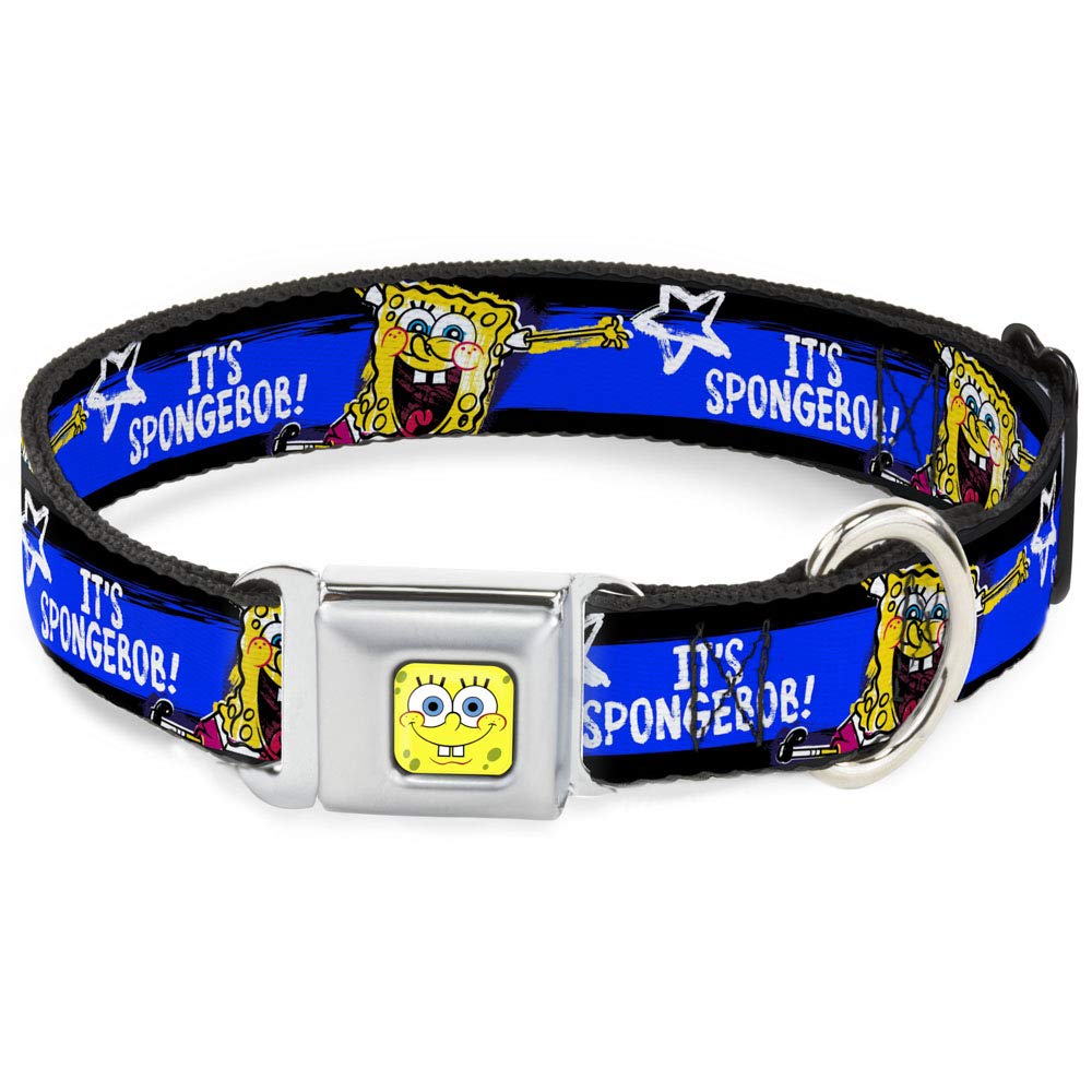 SpongeBob Dog Collar with Seatbelt Buckle - Adjustable 11-17 Inches, 1.0 Inch Wide - Black, Blue & White Striped Pet Safety Harness for Car Rides & Outdoor Adventures