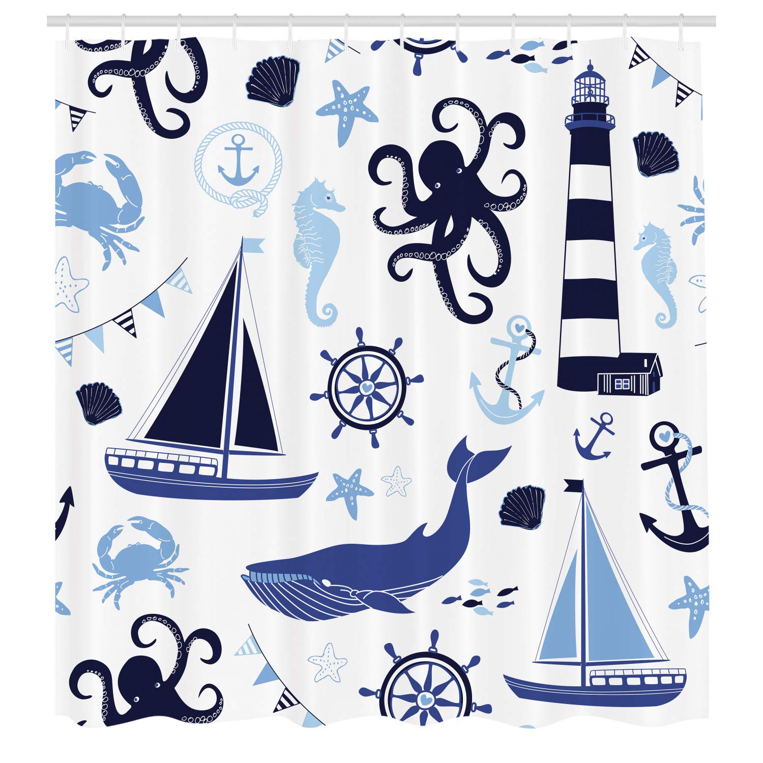 Ambesonne Nautical Shower Curtain - Pastel Blue Lighthouse Sailboat Fish Shells Octopus Design, Waterproof Fabric Bathroom Decor Set with Hooks, 69