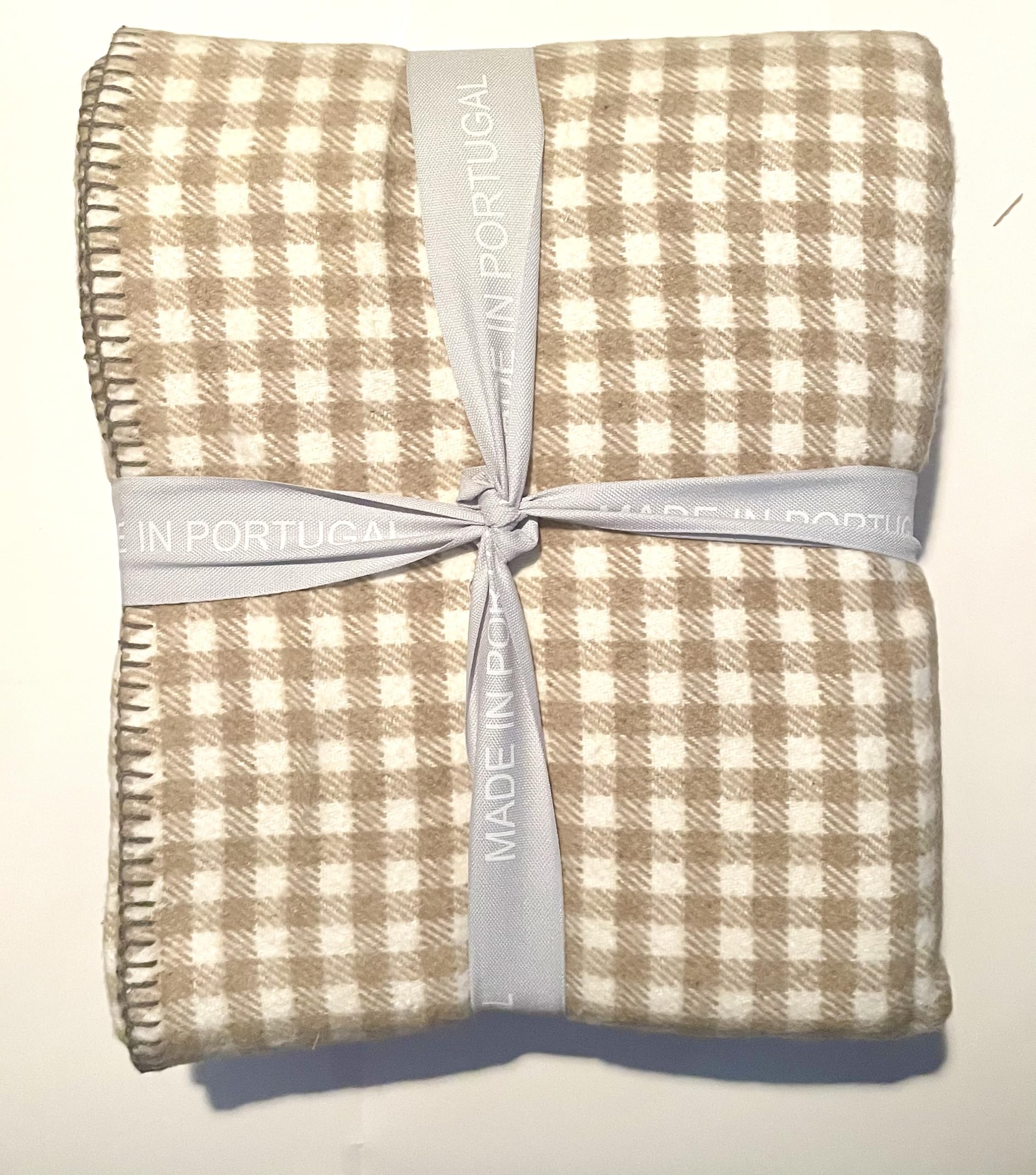 Premium Roca Bed Blanket - Home & Camp Style Checkered Plaid with Wide Stripes - Stitched Edge Handmade in Portugal (Queen Size, Brown & Beige) - Perfect for Cozy Nights, Picnics & Outdoor Adventures
