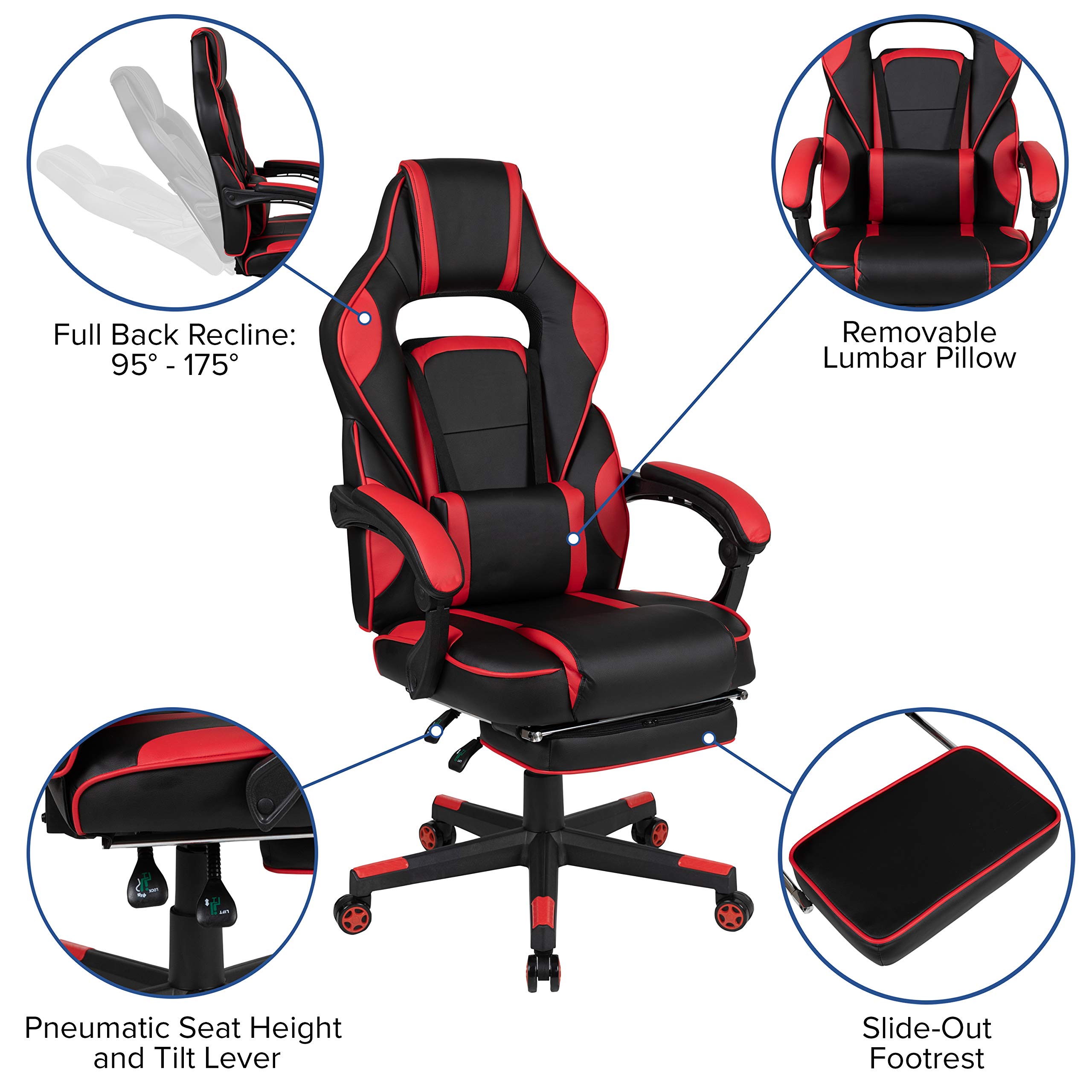 Emma & Oliver Red Ergonomic Gaming Chair with Adjustable Reclining Back, 3D Armrests, Footrest & Lumbar Massage - Perfect for PC Gaming, Office Work & Home Relaxation