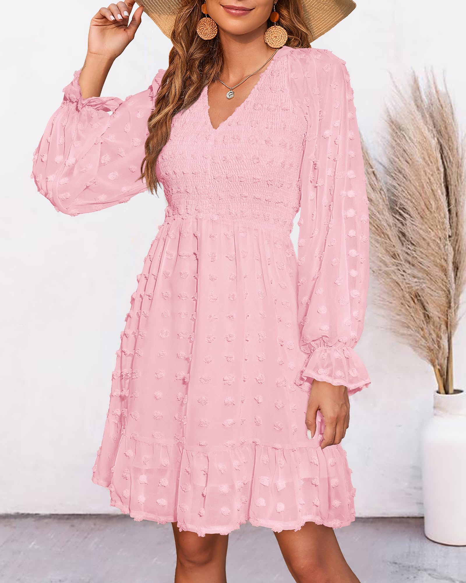 BTFBM Women's Smocked Short Dress - V Neck Long Sleeve Swiss Dot Ruffle Chiffon Flowy Mini Dress for Spring Summer 2025 | Casual Party, Beach Vacation, Date Night Outfit