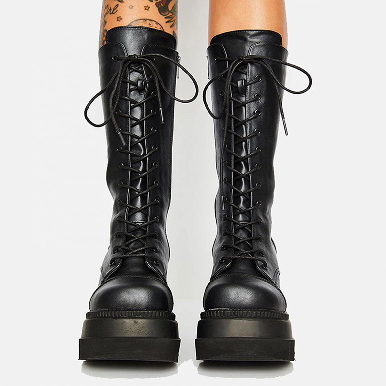 **Gothic Punk Platform Boots for Women - Knee High Motorcycle Combat Boots with Rivets & Lace Straps | Gothic Fashion, Halloween Costume, Cosplay & Night Out**