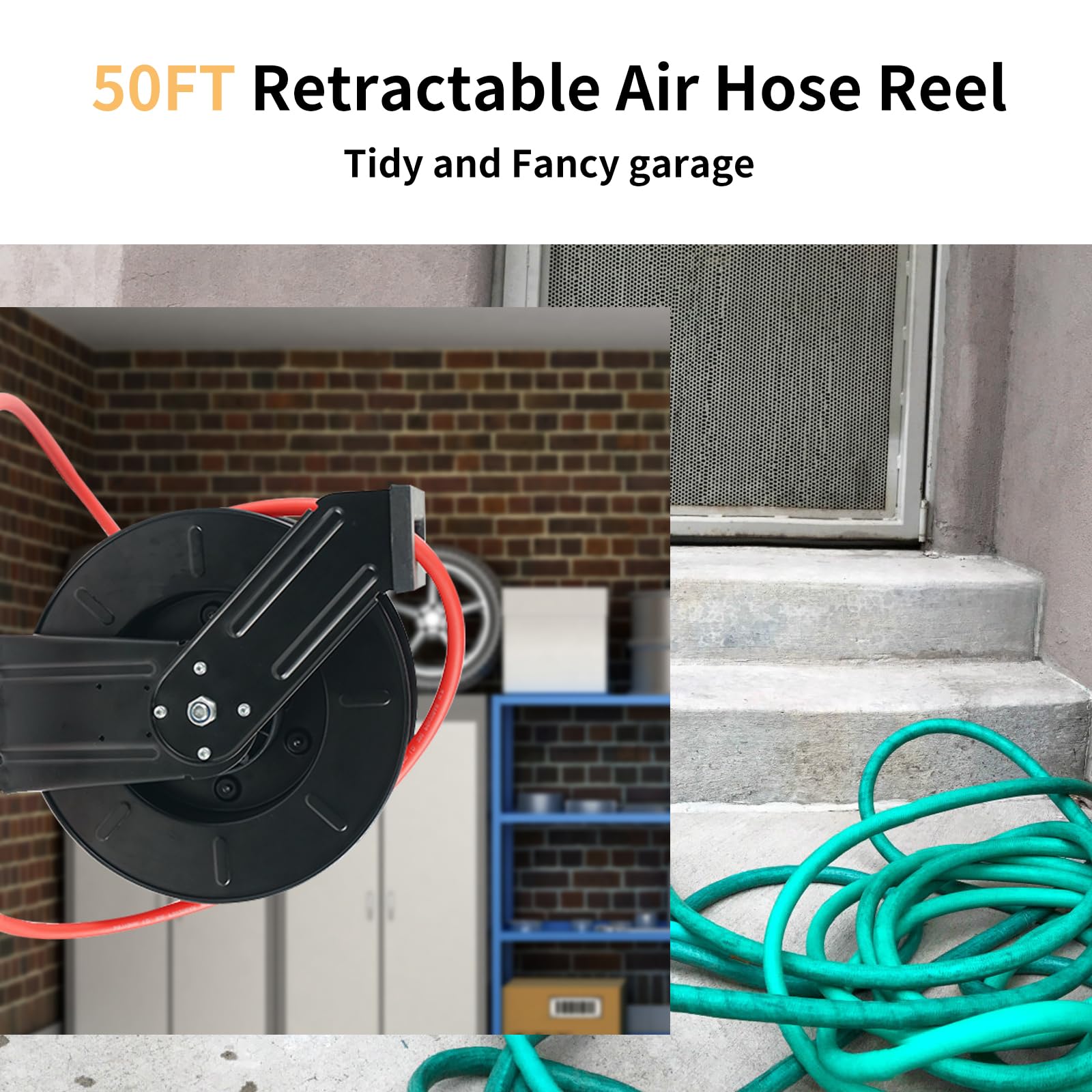 BHTOP 50 Ft Retractable Air Compressor Hose Reel - 3/8