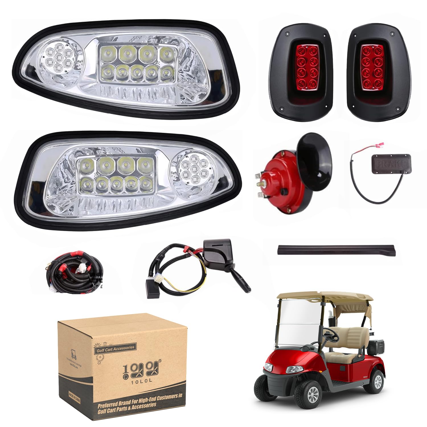 10L0L Golf Cart Headlight & Taillight Kit for 08-15 EZGO RXV Carts - Deluxe LED Lights with Turn Signals, Horn, Brake Lights & Wiring Harness (Not Compatible with RXV II) - Street Legal Lighting Upgrade for Night Golfing & Neighborhood Cruising