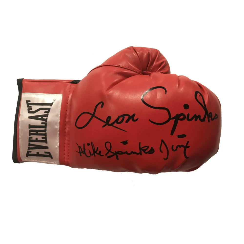 Leon vs. Michael Spinks Dual Signed Boxing Glove with COA - Authentic Muhammad Ali & Mike Tyson Memorabilia - Perfect for Boxing Fans, Collectors, and Sports Memorabilia Displays