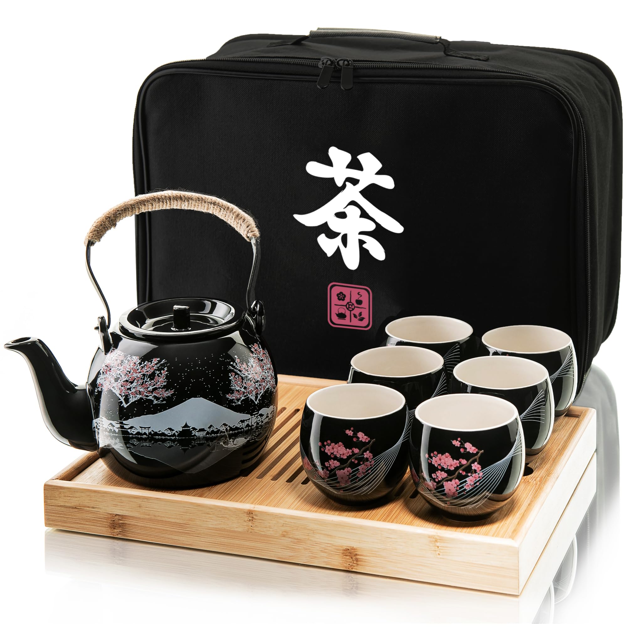 Premium Japanese Tea Set - Ceramic Teapot with 6 Cups, Bamboo Tray & Travel Storage Bag | Traditional Matcha & Green Tea Ceremony Set for Home, Office or Outdoor Use | Perfect Gift for Tea Lovers (Men & Women)