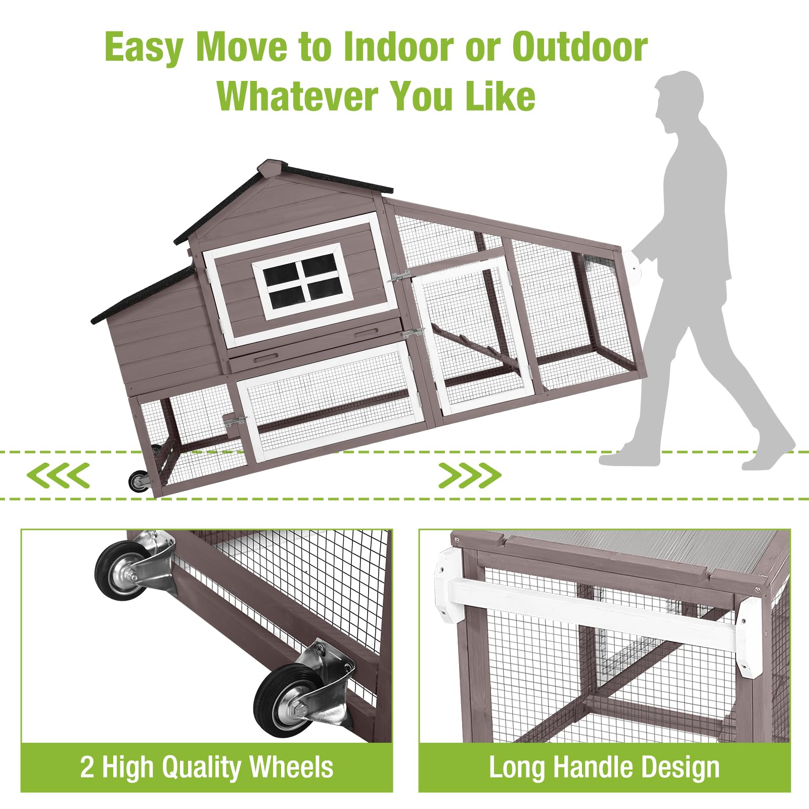 **GUTINNEEN Mobile Chicken Coop with Wheels - Outdoor Rabbit Hutch for 2-4 Chickens, 67