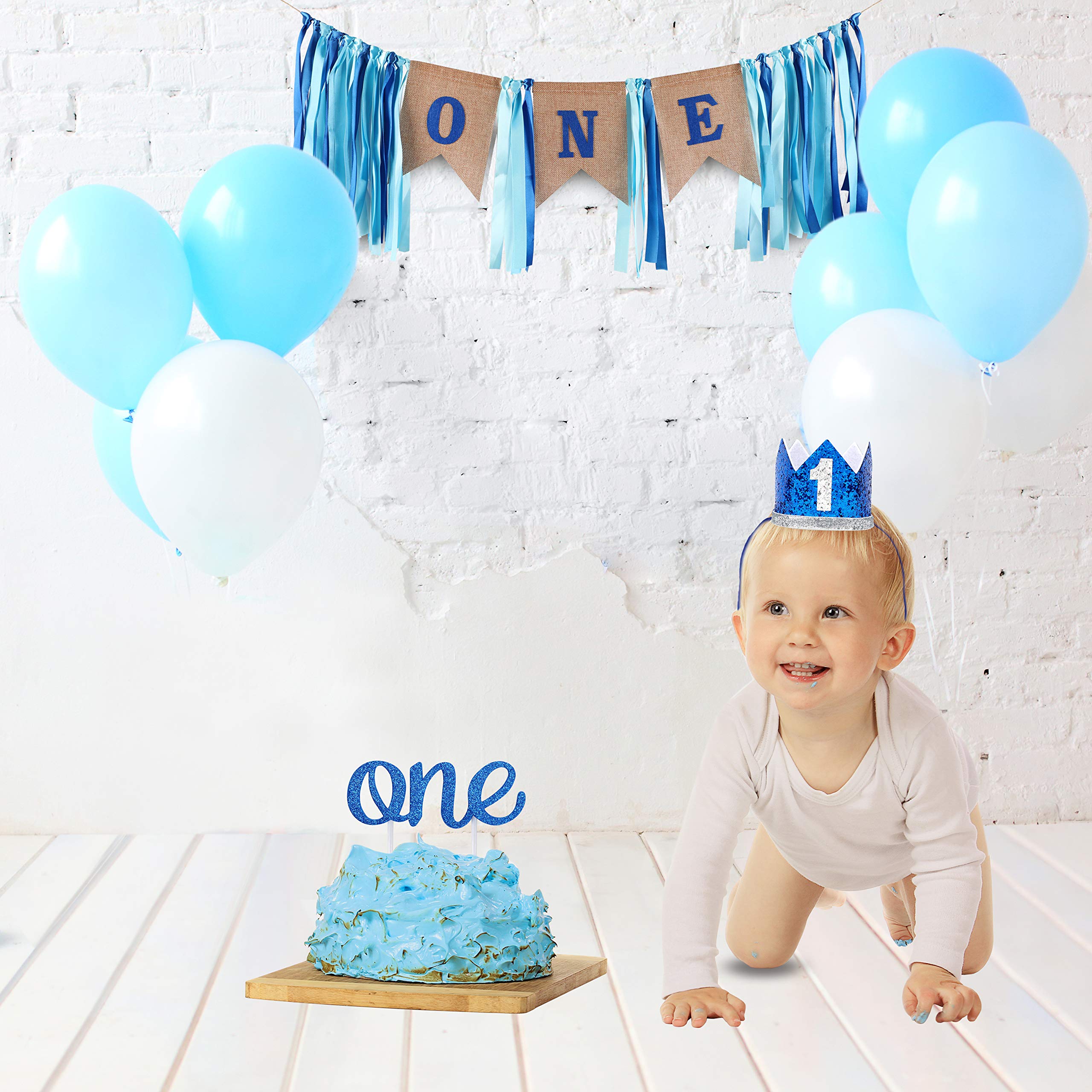 Baby Boy 1st Birthday Decorations Set - Silver & Blue Crown & High Chair Banner for Cake Smash Party - Happy Birthday ONE Burlap Sign - Perfect for First Birthday Photos, Cake Smash Sessions & Milestone Celebrations