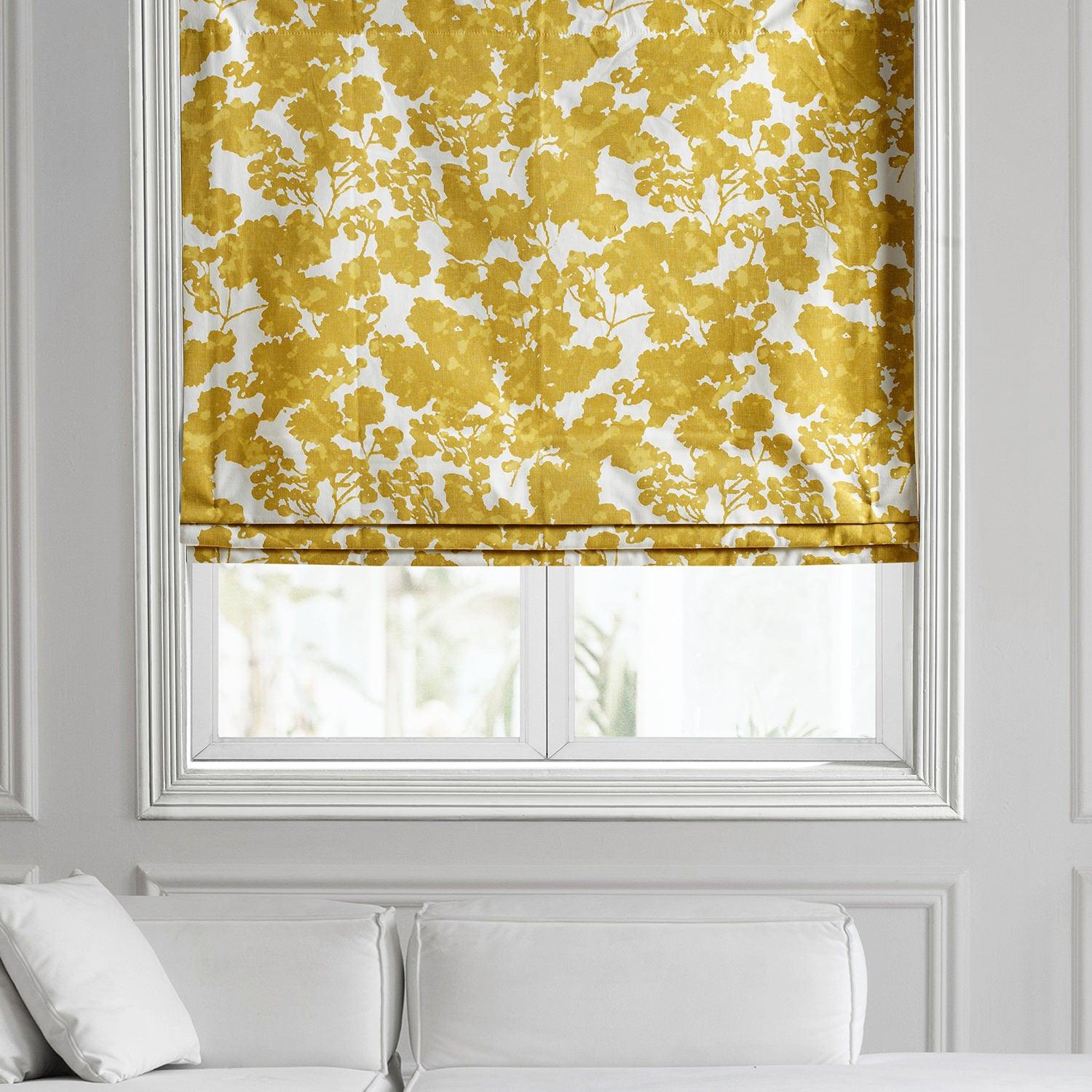 Fleur Gold Floral Printed Cotton Roman Shade - Elegant Window Treatment for Living Room & Bedroom Decor