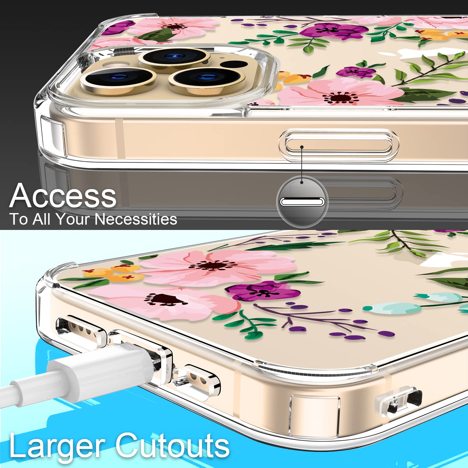 GiiKa iPhone 13 Pro Max Case 6.7 Inch with Screen Protector - Clear Shockproof Floral Design Hard Case with TPU Bumper Cover for Women & Girls - Perfect for Everyday Protection and Style