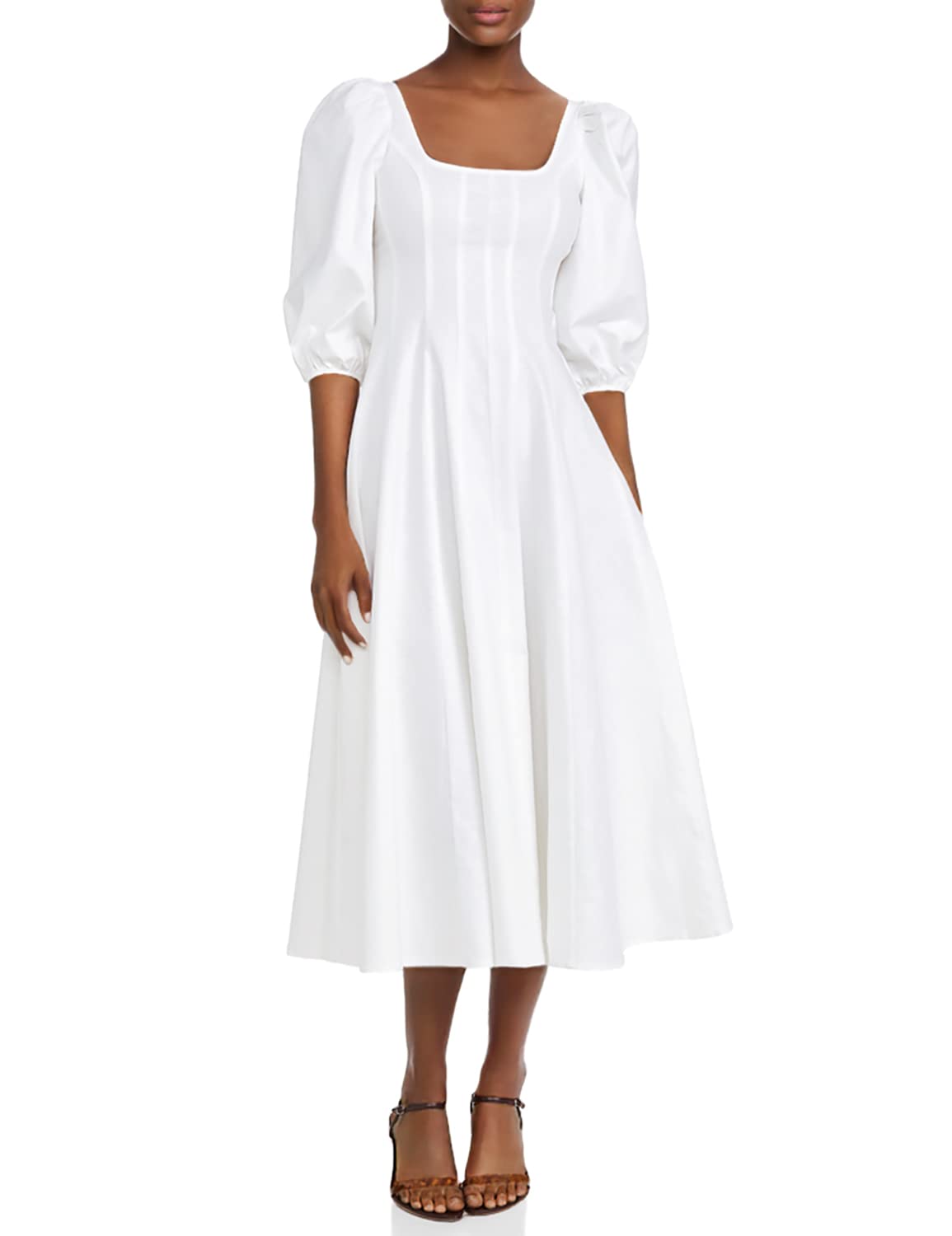 STAUD Women's Swells Dress - Flowy Midi Dress with Ruffles & Puff Sleeves | Perfect for Summer, Beach Vacations & Date Nights