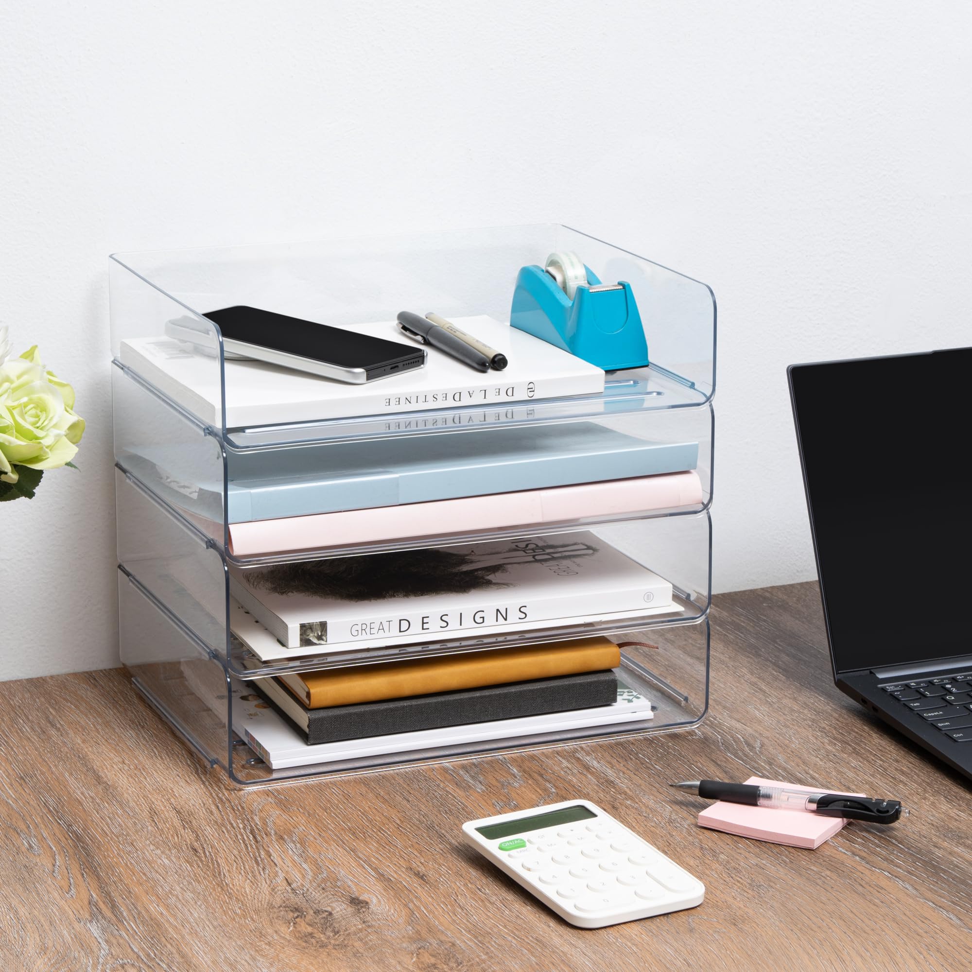Clear Stackable 4-Tier Desk Organizer - A4 Size Letter Tray for Office, Home & Classroom | Perfect for Documents, Folders, Books & Magazines | Ideal Workspace & Study Organization Solution
