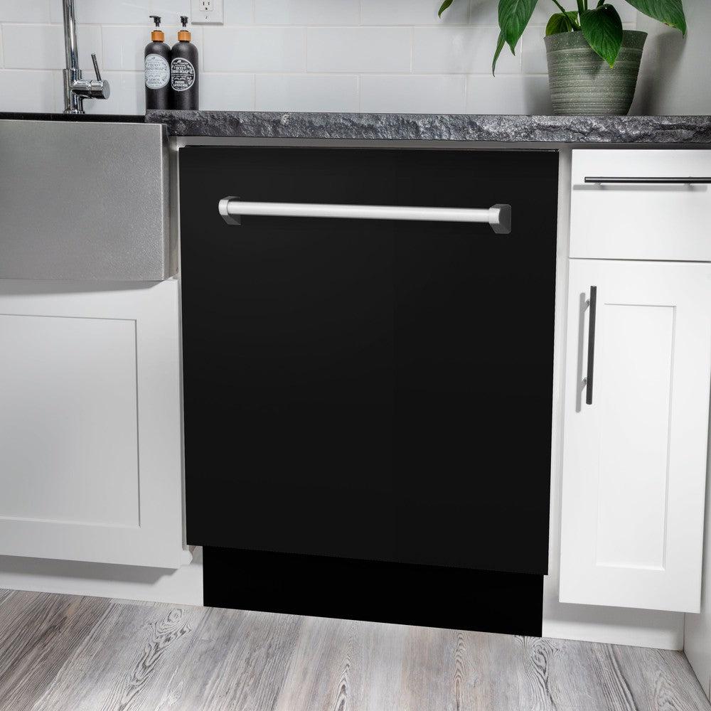 ZLINE 24 Inch Tallac Series 3rd Rack Dishwasher - Black Matte Panel & Traditional Handle, 51dBa Ultra Quiet (DWV BLM 24) | Perfect for Modern Kitchens, Small Spaces & Energy-Efficient Homes