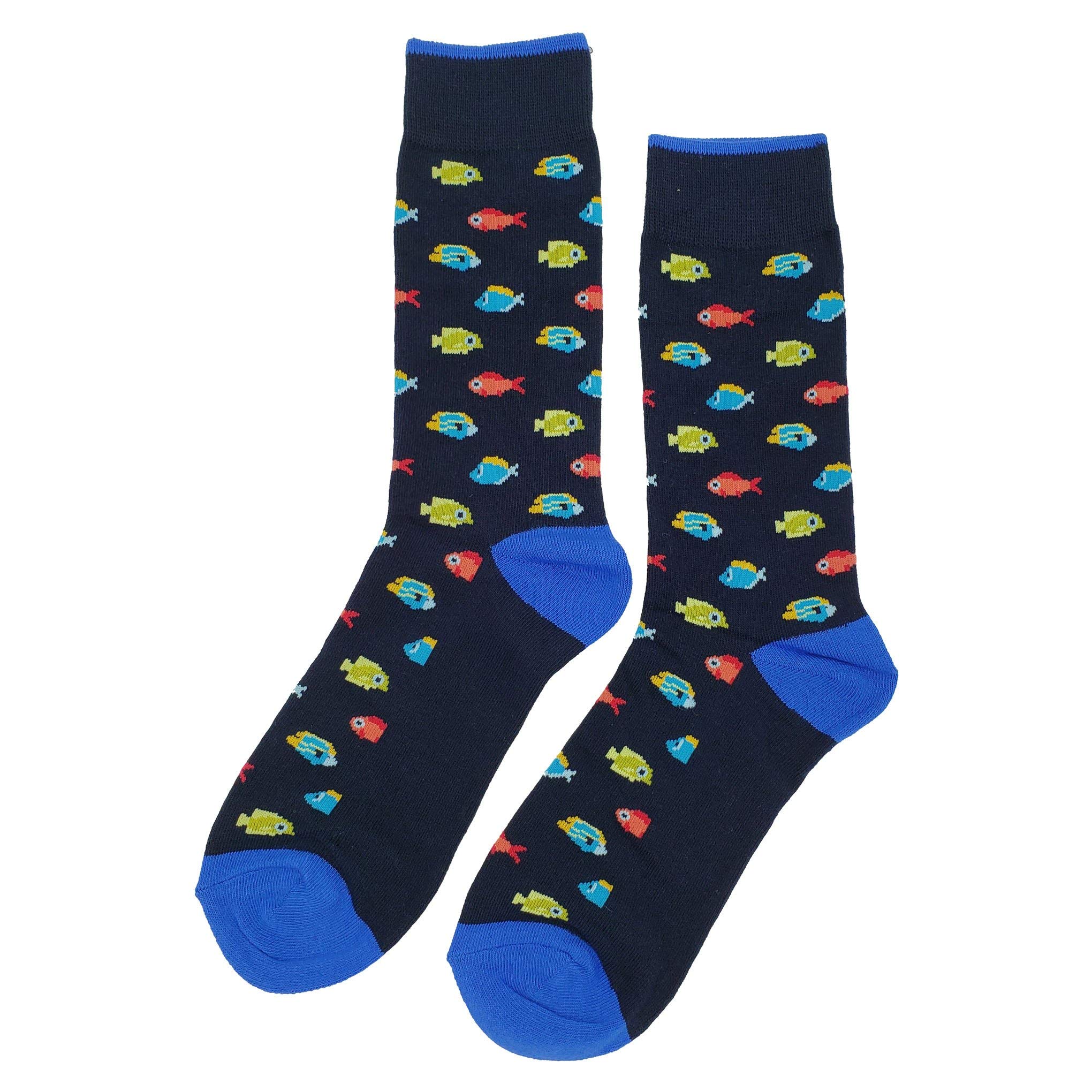 Funny Little Fish Dress Socks for Men - Colorful Novelty Cotton Crew Socks (Size 8-12) - Crazy Funky Fancy Socks Gift Idea for Casual Wear & Costume Parties