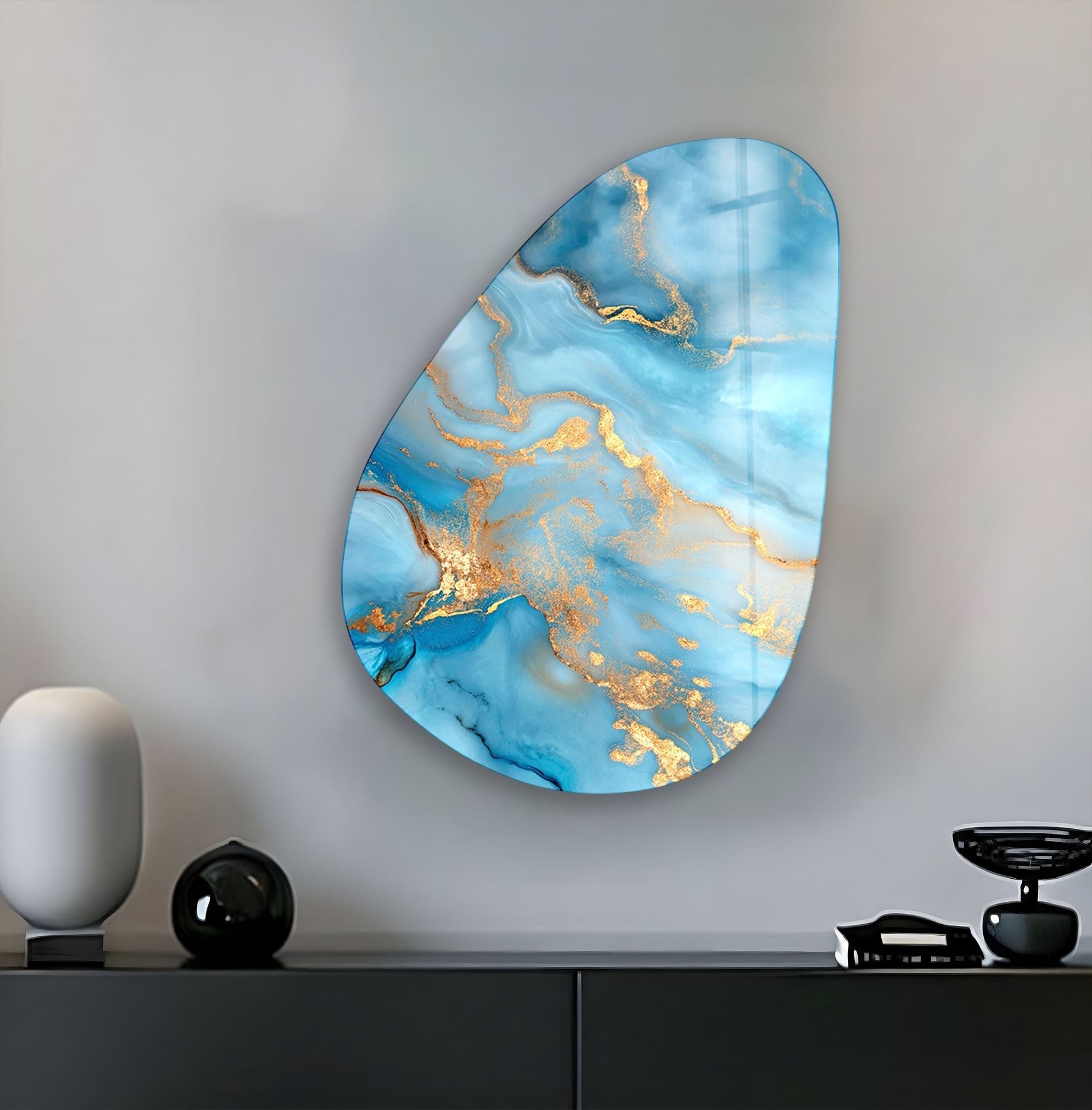 Abstract Golden Glass Wall Art - Handmade Asymmetrical Oval Design for Modern Living Room & Bedroom Decor
