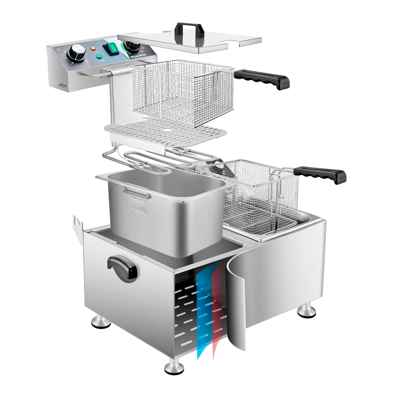 Commercial Deep Fryer 13L x 2 (13.7Qt x 2) with Precise Temperature Control & Timer - 1800W x 2, 120V Countertop Restaurant Fryer with 2 Baskets - Perfect for Fast Food, Chicken Wings, French Fries, and Seafood Cooking