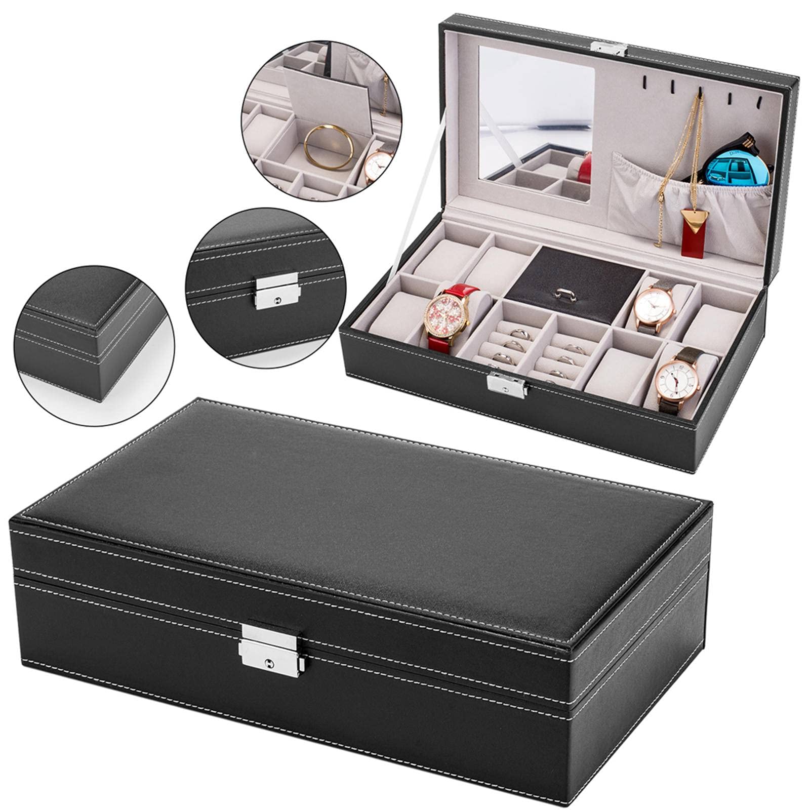 8-Slot Jewelry Box with Lock & Mirror - Watch Organizer Storage Case for Men & Women (Black) - Perfect for Travel, Home & Office Organization