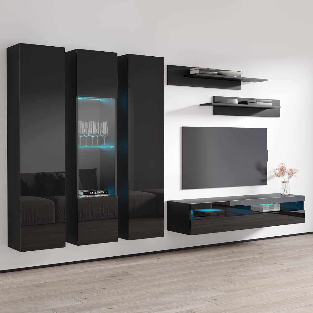 Modern Black Wall-Mounted TV Stand with Storage Shelves & LED Lights - 35