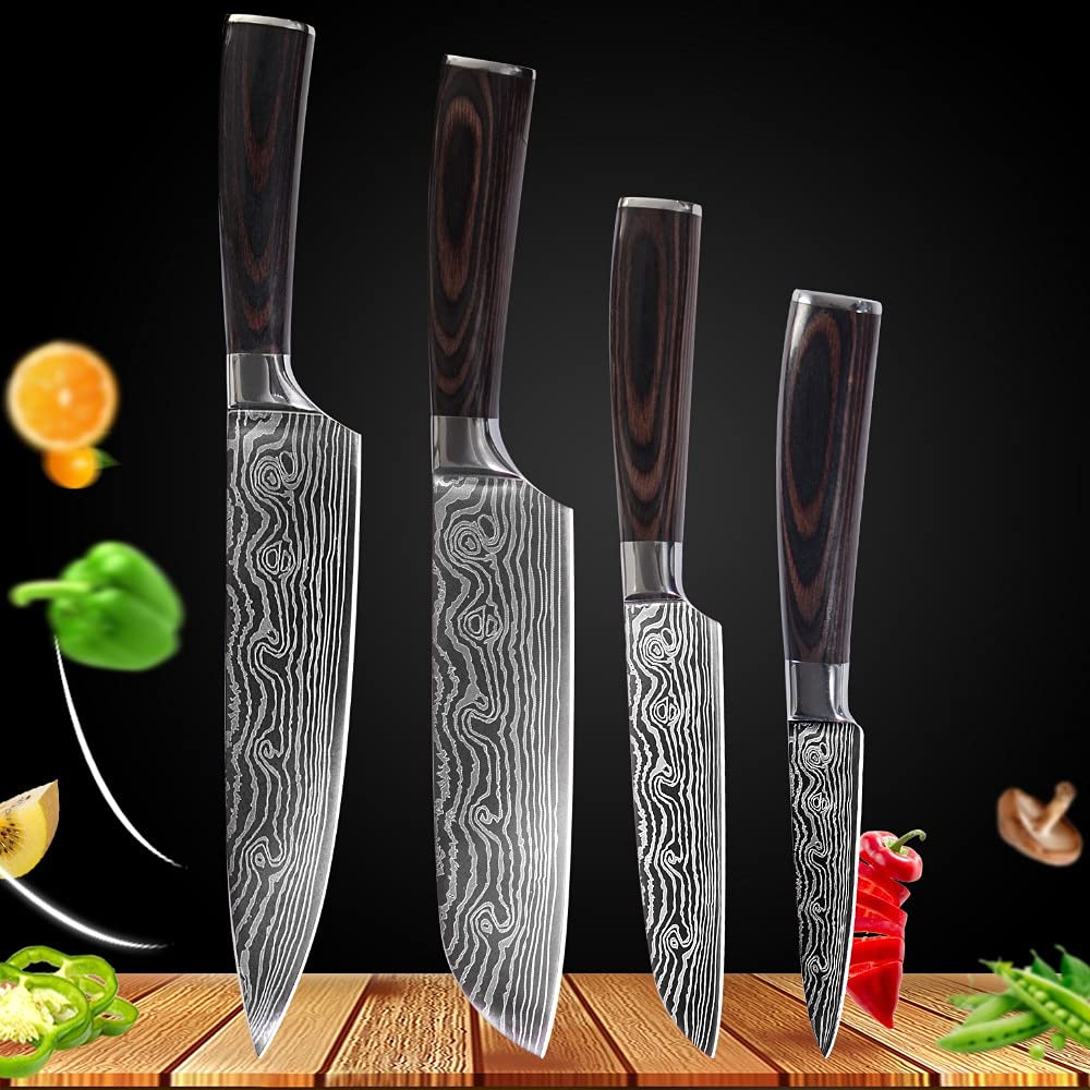 Premium Damascus Steel Japanese Chef Knife Set - 4-Piece Kitchen Knives with Santoku, Utility & Slicing Knives for Professional Cooking & Food Prep | Ideal for Home Chefs, Culinary Enthusiasts & Restaurant Use
