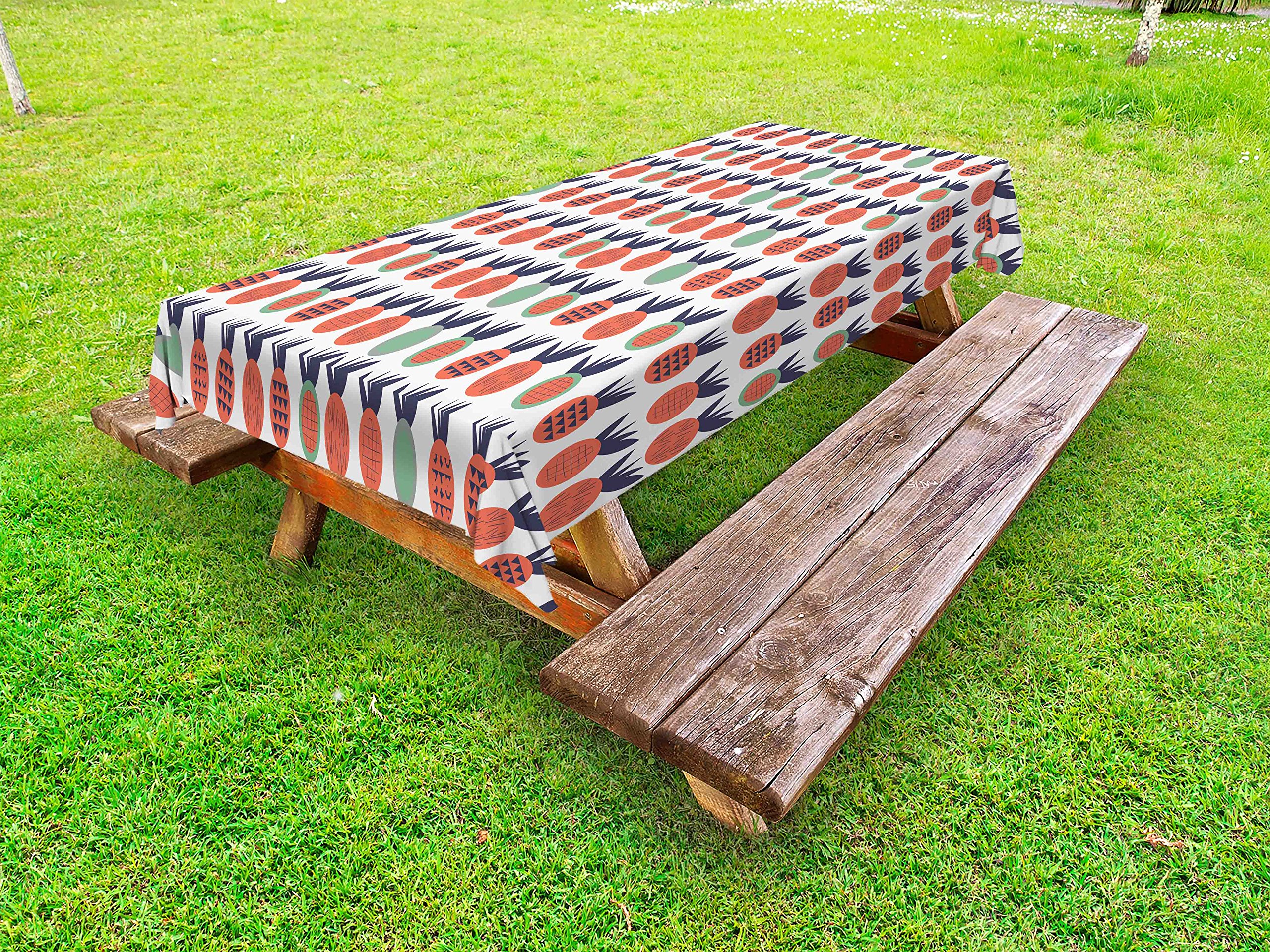 Ambesonne Abstract Pineapple Tablecloth - Washable Outdoor Picnic Table Cover with Geometric Triangle Lines & Checkered Squares Fruit Design, 58x120 Inches, Green Dark Coral Blue - Perfect for BBQs, Garden Parties & Beach Picnics