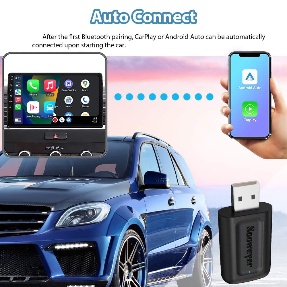 Sunweyer 2024 Wireless CarPlay & Android Auto Adapter - 2-in-1 Auto Connect Box with Online Updates | Wired to Wireless Converter for Cars 2015+ & iPhone iOS 10+ | Perfect for Commuting, Road Trips & Hands-Free Navigation
