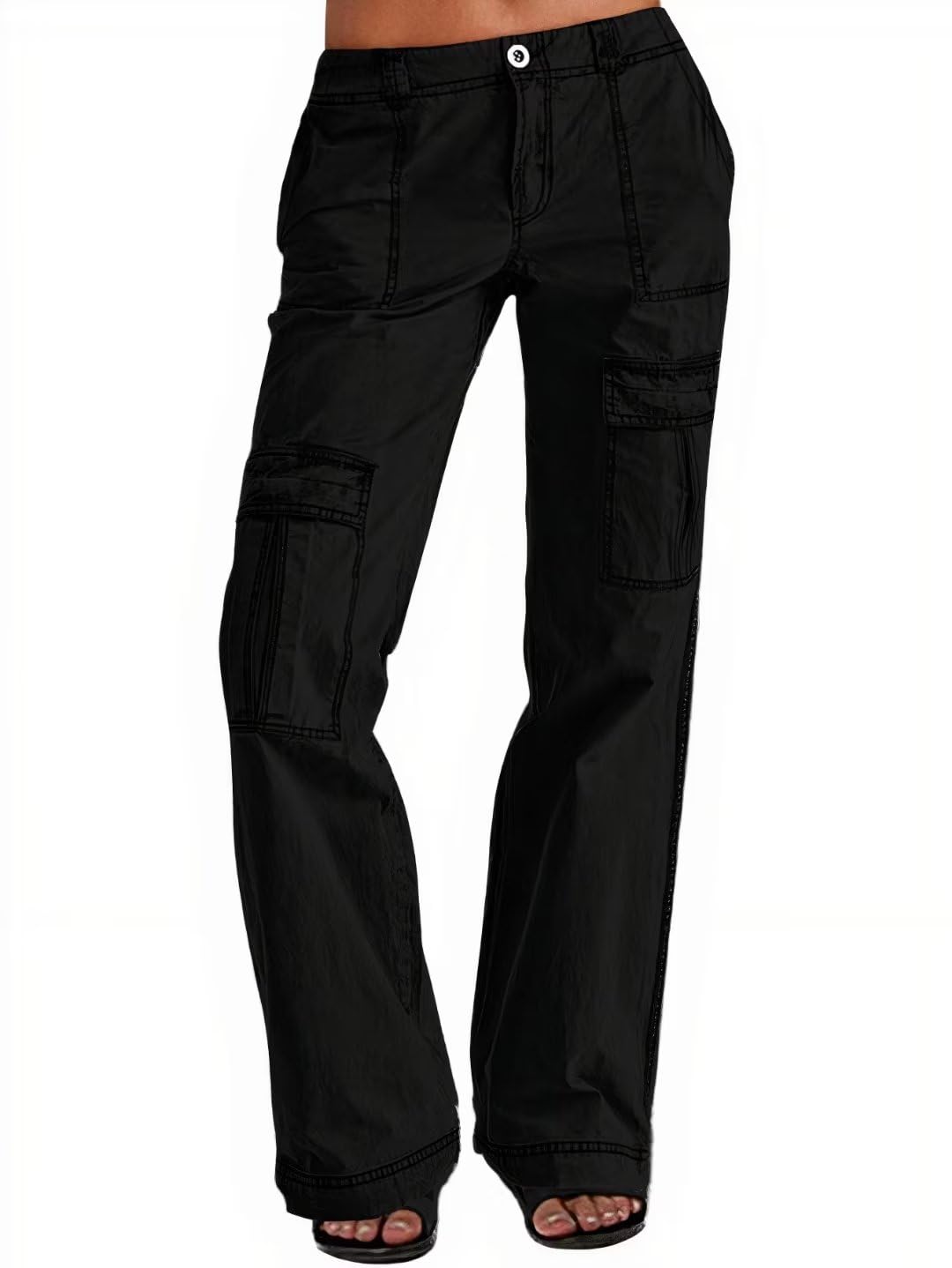 Flamingals Women's Low Waist Wide Leg Cargo Pants with Flap Pockets - Casual Comfort Pants for Outdoor Adventures, Travel & Everyday Wear