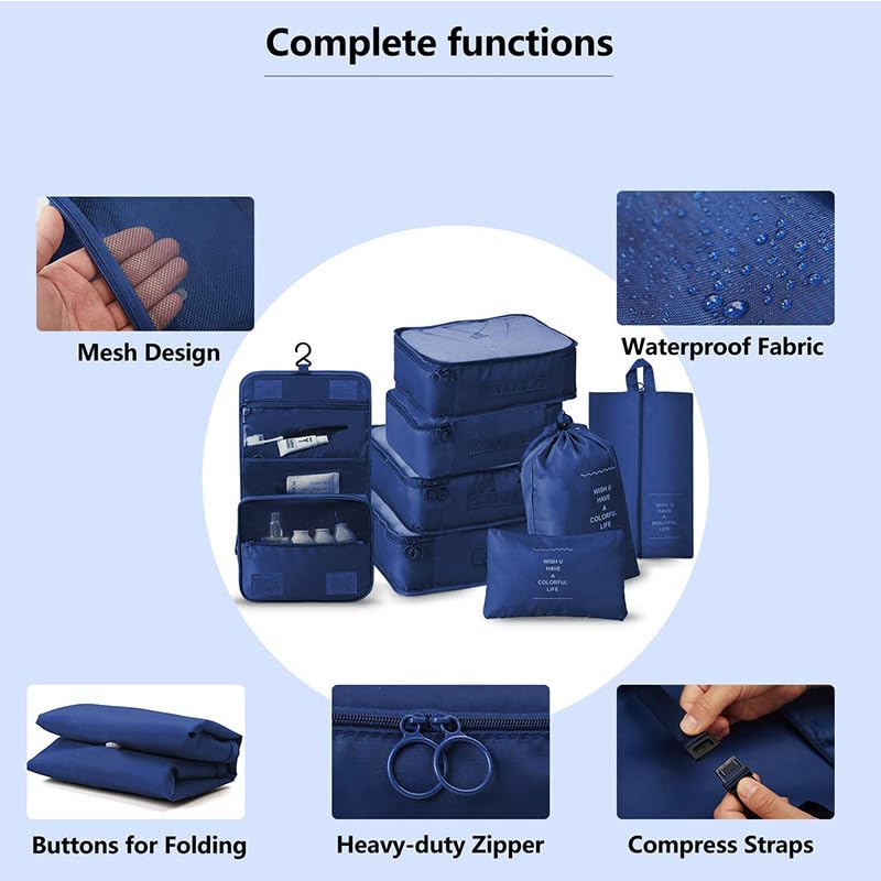 8-Piece Travel Packing Cubes Set - Lightweight Luggage Organizers for Suitcases with Bonus Toiletries Bag | Perfect for Clothes, Shoes & Cosmetics | Ideal for Business Trips, Vacations & Weekend Getaways