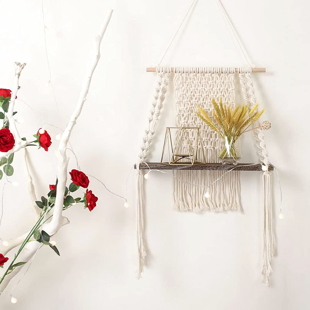 Handmade Macrame Wall Hanging Shelf - Bohemian Cotton Rope Plant Hanger with Dark Wood, Boho Home Decor for Bedroom & Living Room - Perfect for Indoor Plants, Books, and Decorative Storage