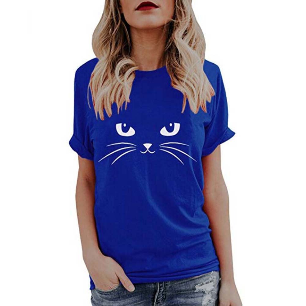 Funny Cat Printed Short Sleeve T-Shirts for Women - Crewneck Graphic Tees, Loose Casual Tunic Tops for Summer | Perfect for Casual Outings, Beach Days & Cat Lover Gifts