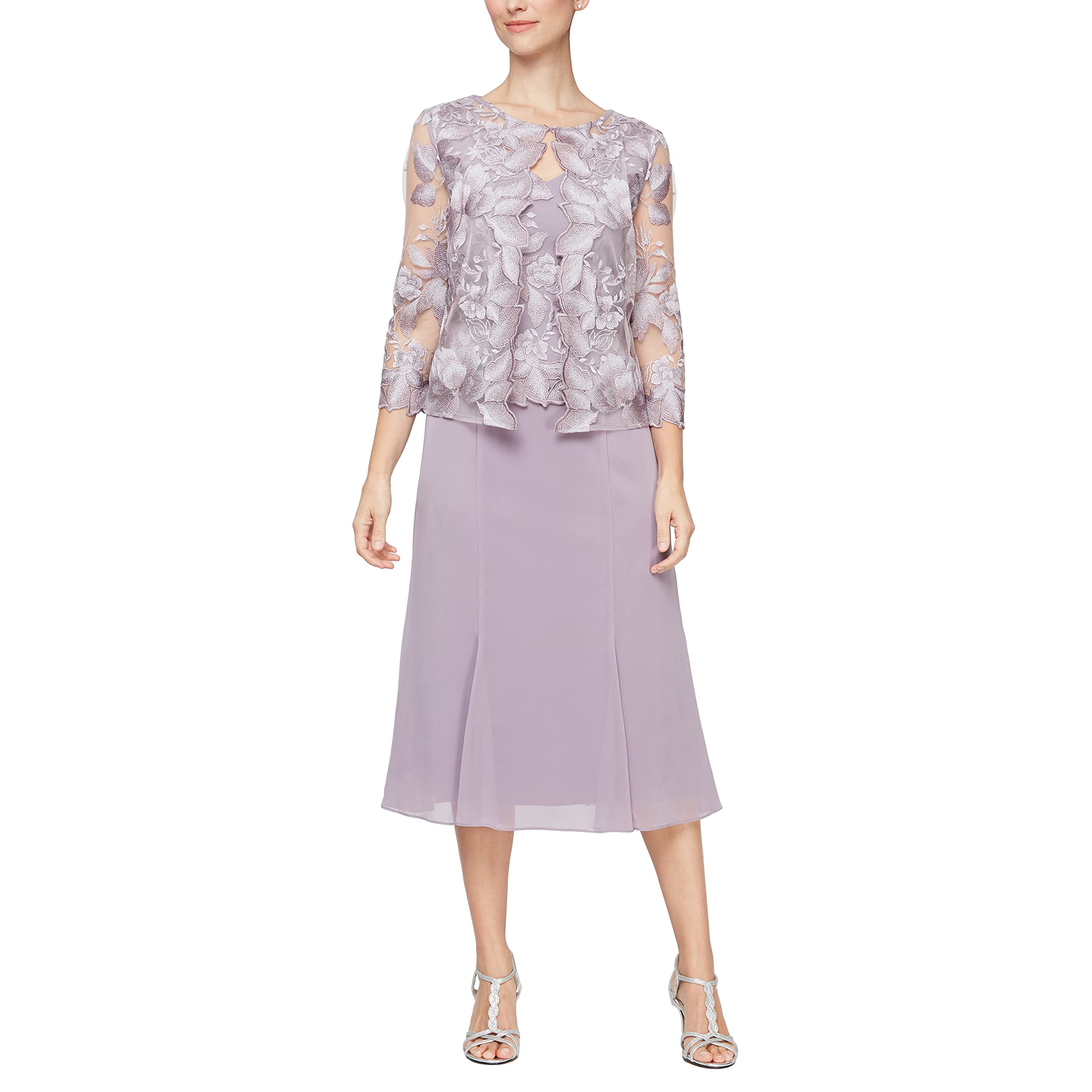 Alex Evenings Women's Mock Jacket Tea-Length Dress with Button Front - Elegant Smokey Orchid Color, Size 6 | Perfect for Cocktail Parties, Weddings & Formal Occasions